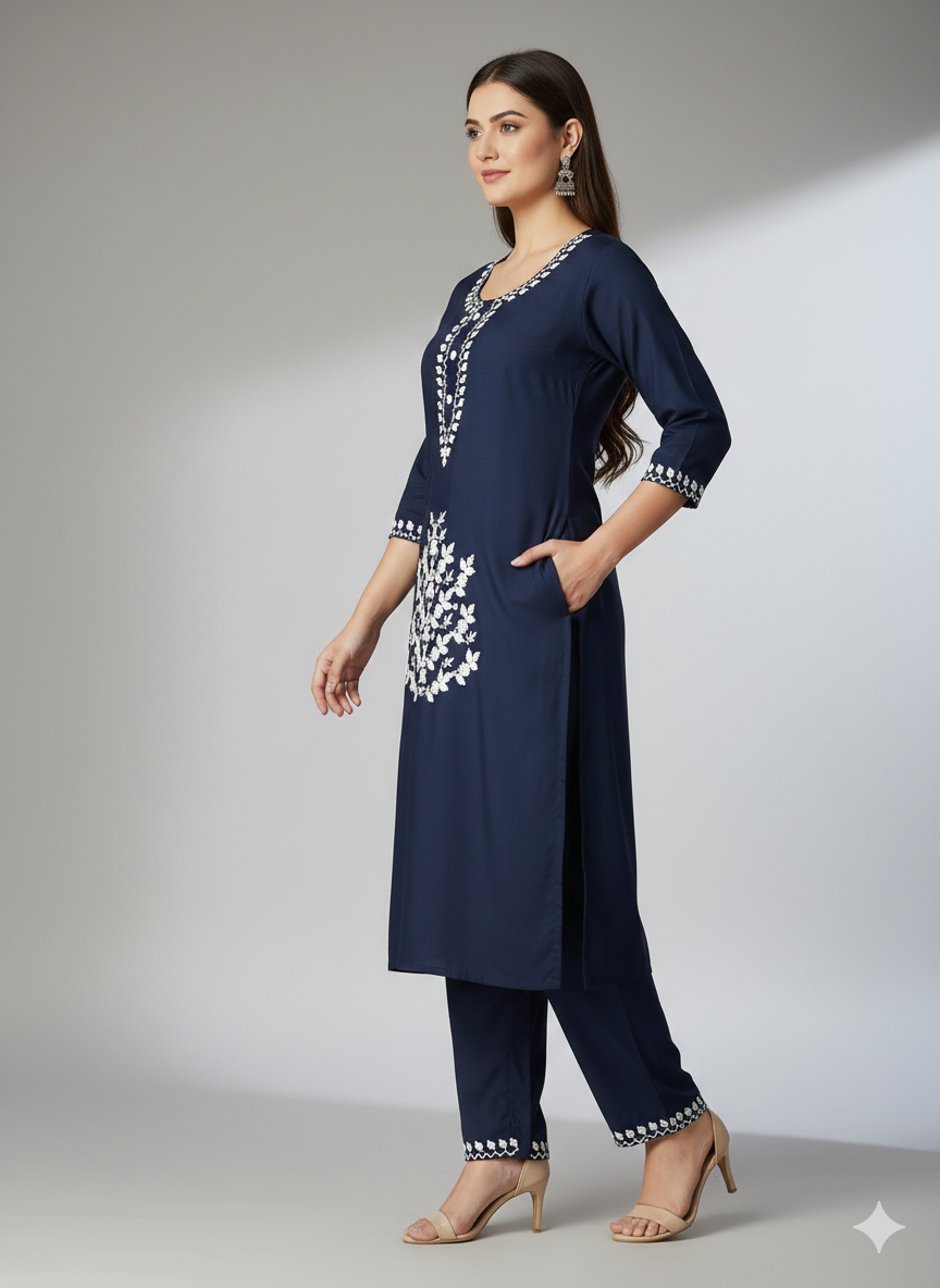 Elegant Navy Blue Long Cord Set with White Floral Embroidery | Premium Two-Piece Co-Ord for Daily & Festive Wear