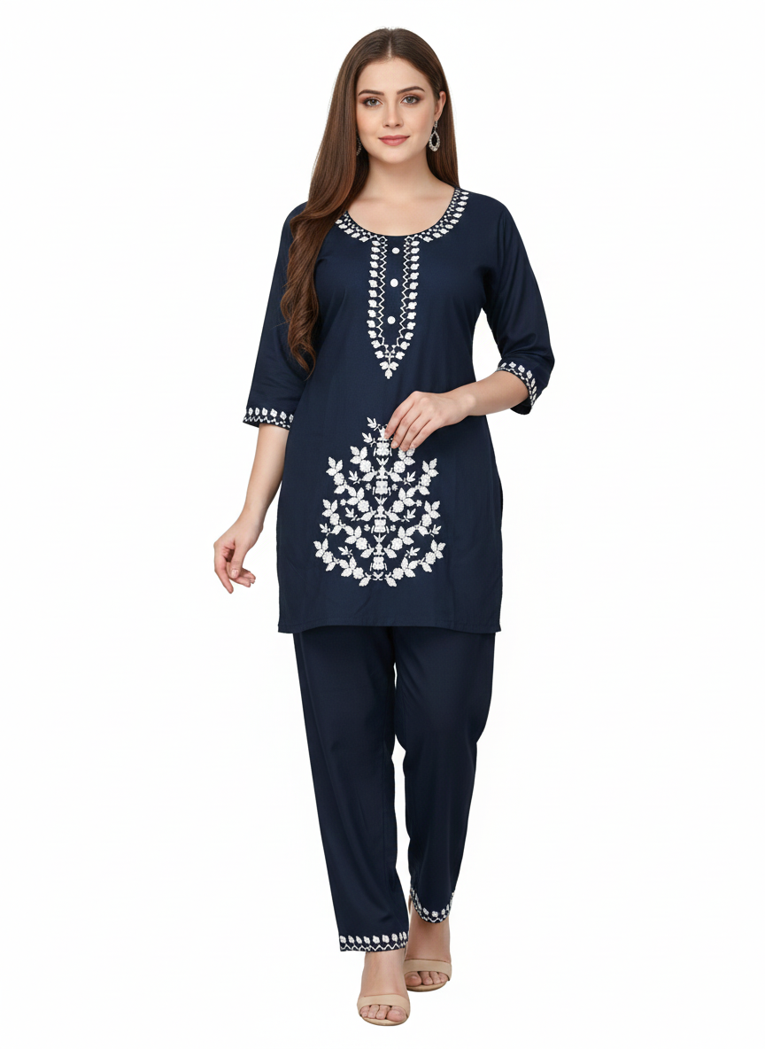 Elegant Navy Blue Long Cord Set with White Floral Embroidery | Premium Two-Piece Co-Ord for Daily & Festive Wear