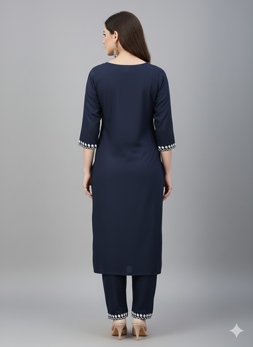 Elegant Navy Blue Long Cord Set with White Floral Embroidery | Premium Two-Piece Co-Ord for Daily & Festive Wear