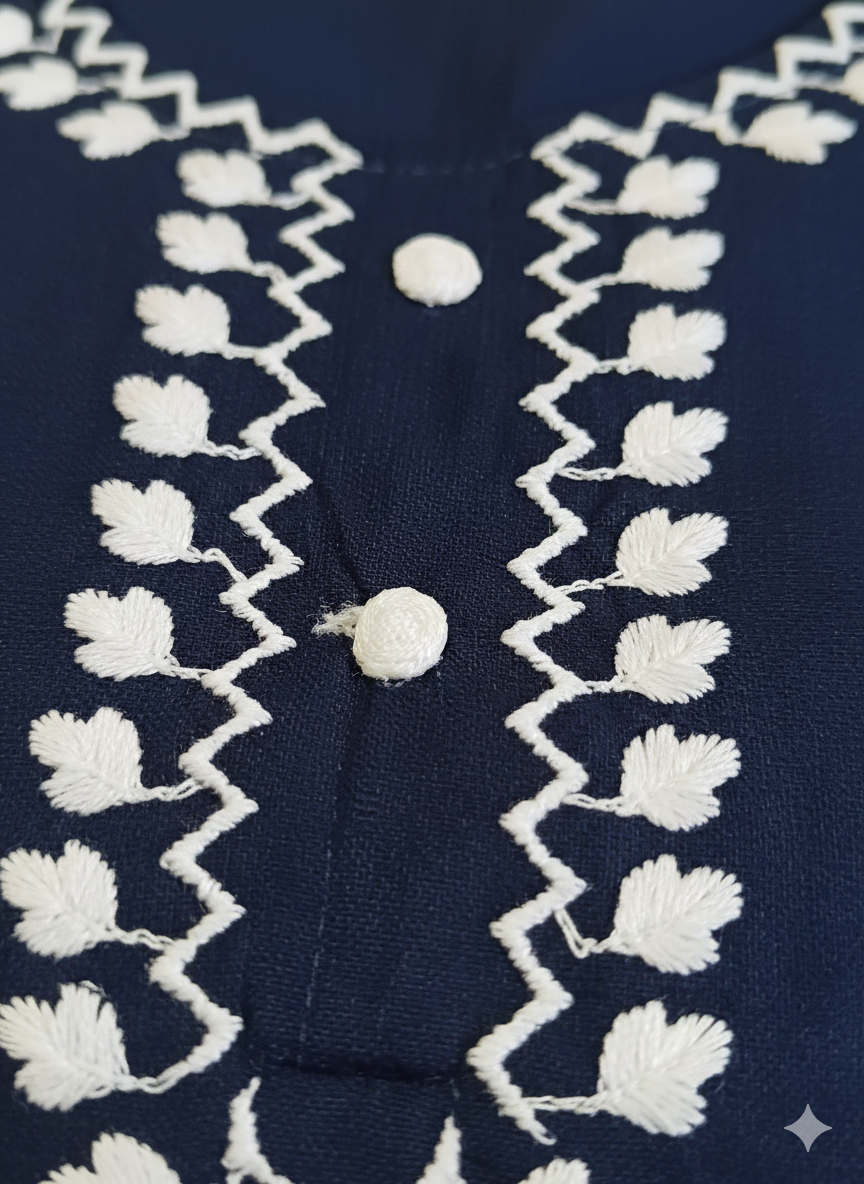 Elegant Navy Blue Long Cord Set with White Floral Embroidery | Premium Two-Piece Co-Ord for Daily & Festive Wear