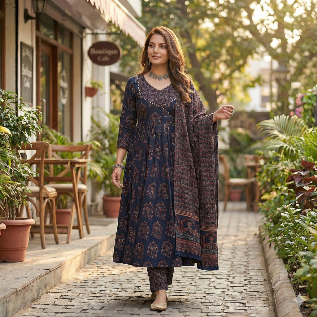 Navy Blue Printed Anarkali-Style 3 Piece Suit Set for Women | Kurta Pant Dupatta | Ethnic & Festive Wear