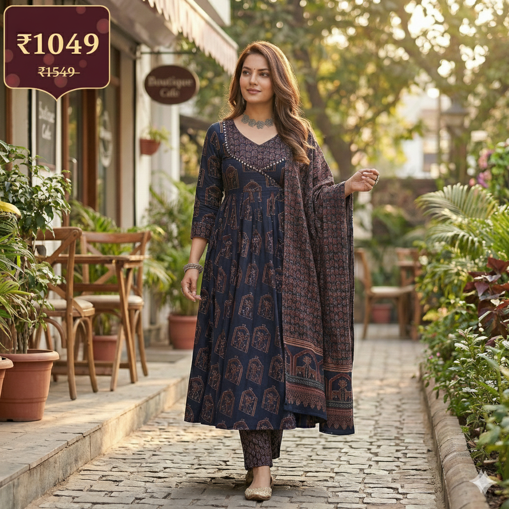 Navy Blue Printed Anarkali-Style 3 Piece Suit Set for Women | Kurta Pant Dupatta | Ethnic & Festive Wear