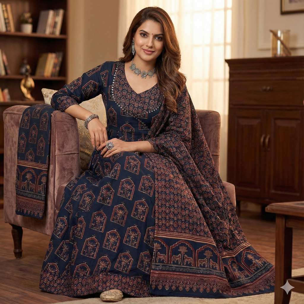 Navy Blue Printed Anarkali-Style 3 Piece Suit Set for Women | Kurta Pant Dupatta | Ethnic & Festive Wear