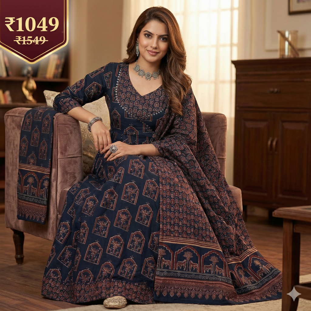 Navy Blue Printed Anarkali-Style 3 Piece Suit Set for Women | Kurta Pant Dupatta | Ethnic & Festive Wear