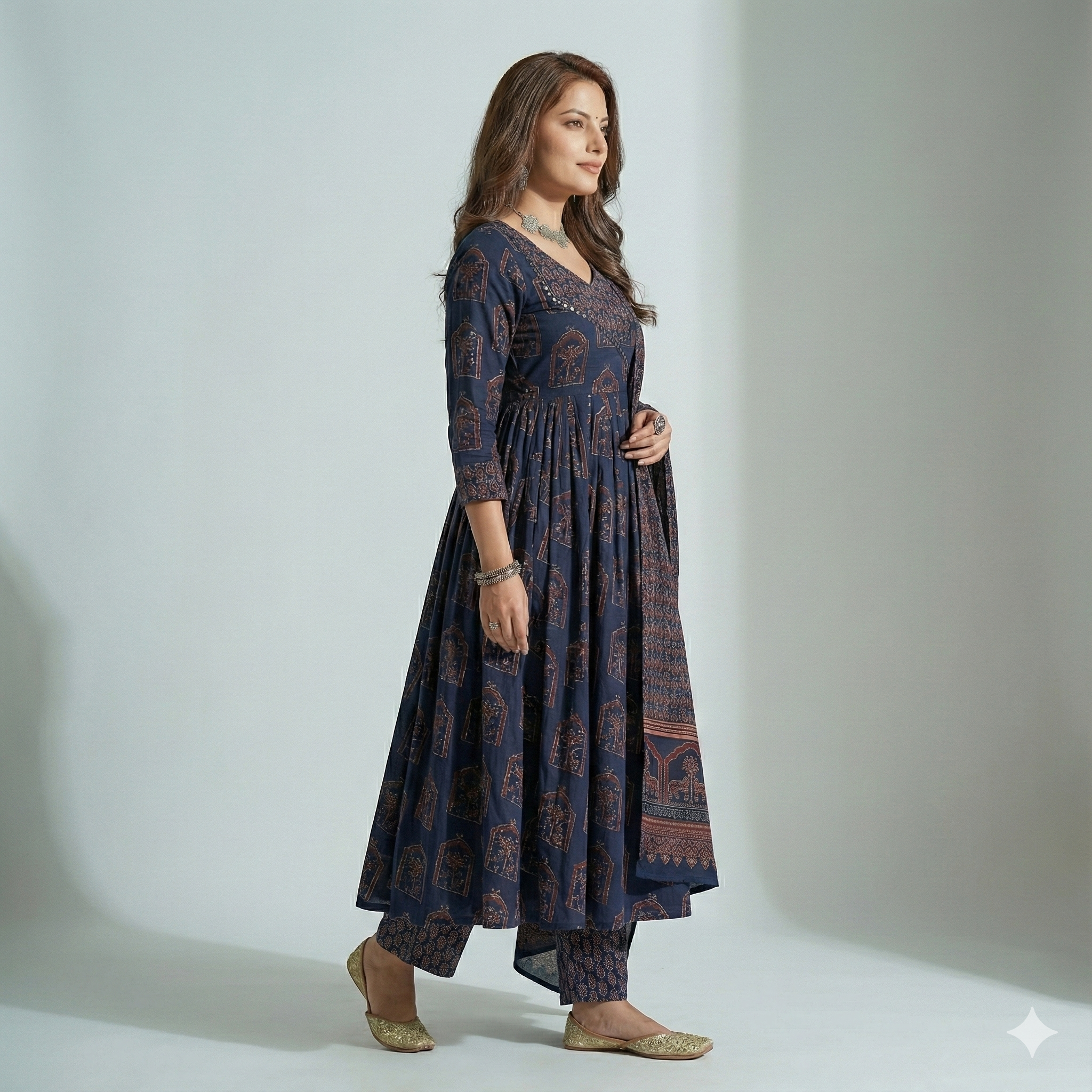 Navy Blue Printed Anarkali-Style 3 Piece Suit Set for Women | Kurta Pant Dupatta | Ethnic & Festive Wear