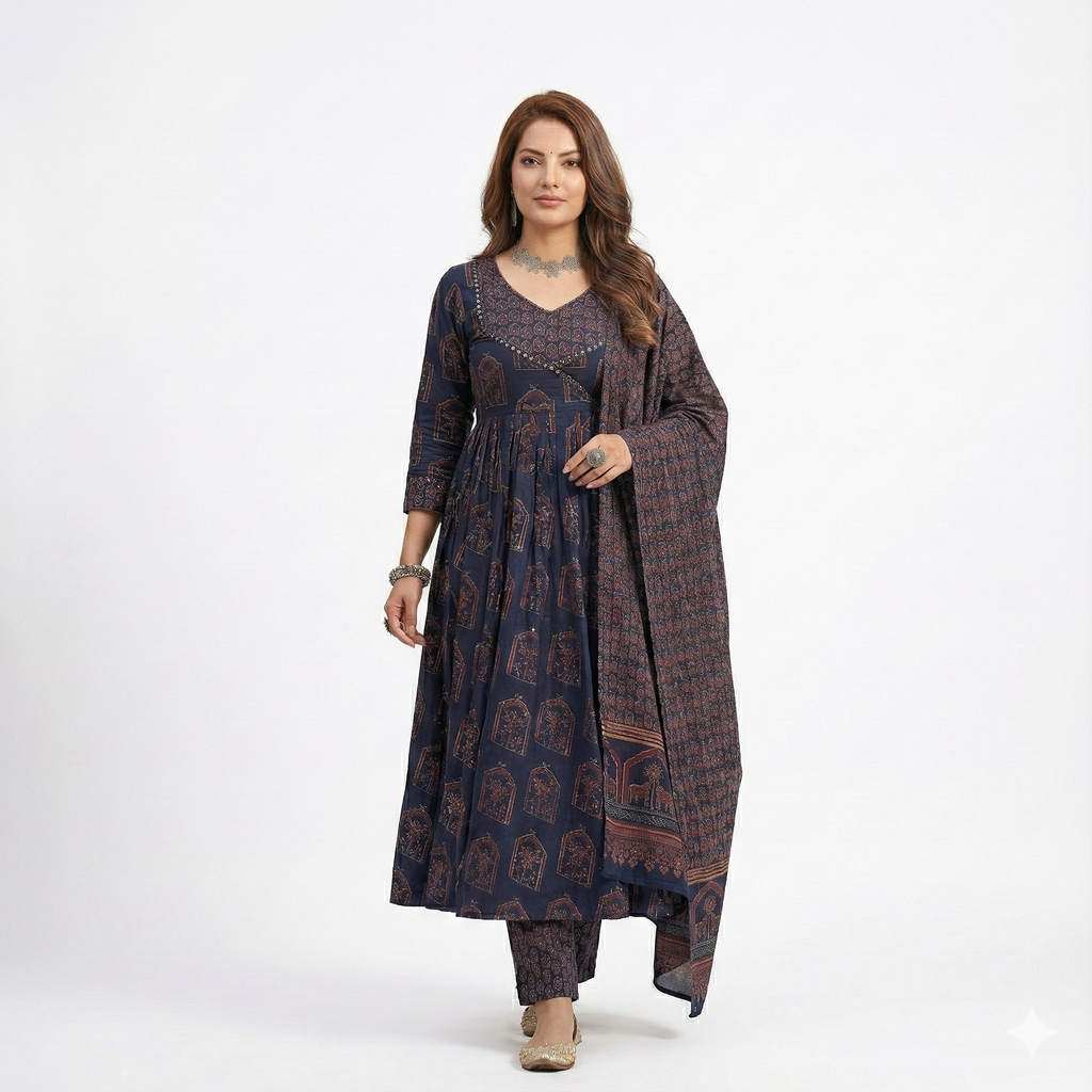 Navy Blue Printed Anarkali-Style 3 Piece Suit Set for Women | Kurta Pant Dupatta | Ethnic & Festive Wear