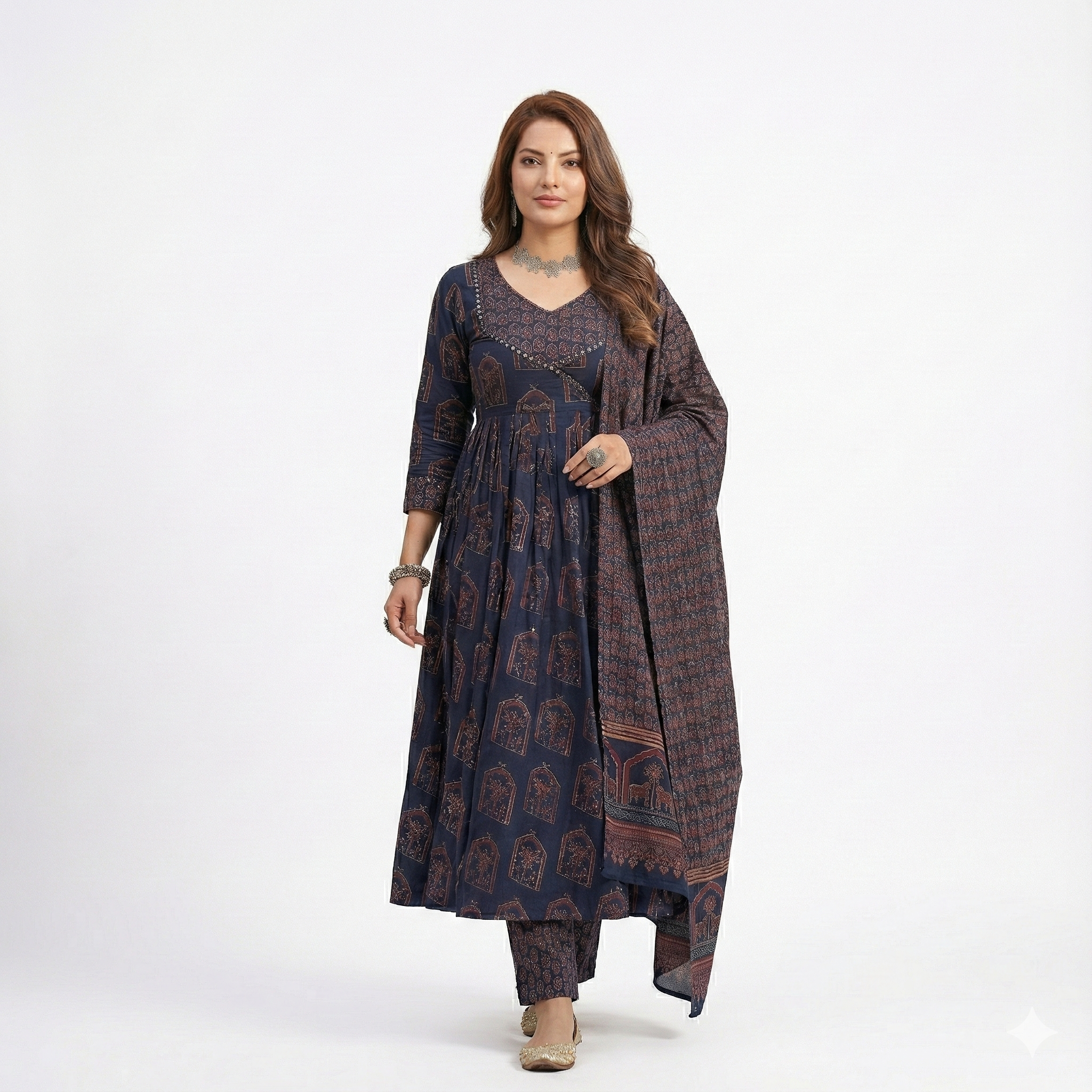 Navy Blue Printed Anarkali-Style 3 Piece Suit Set for Women | Kurta Pant Dupatta | Ethnic & Festive Wear