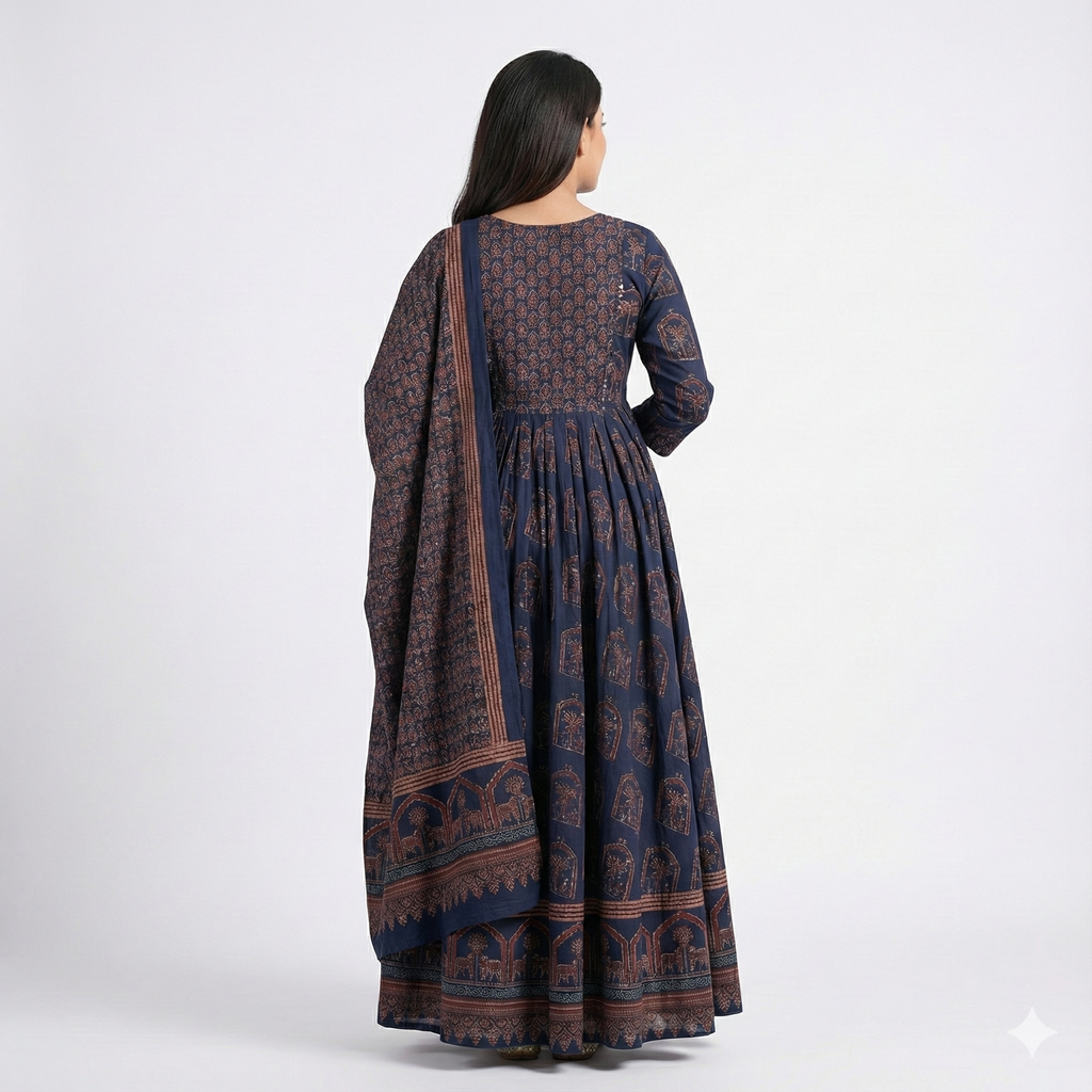 Navy Blue Printed Anarkali-Style 3 Piece Suit Set for Women | Kurta Pant Dupatta | Ethnic & Festive Wear