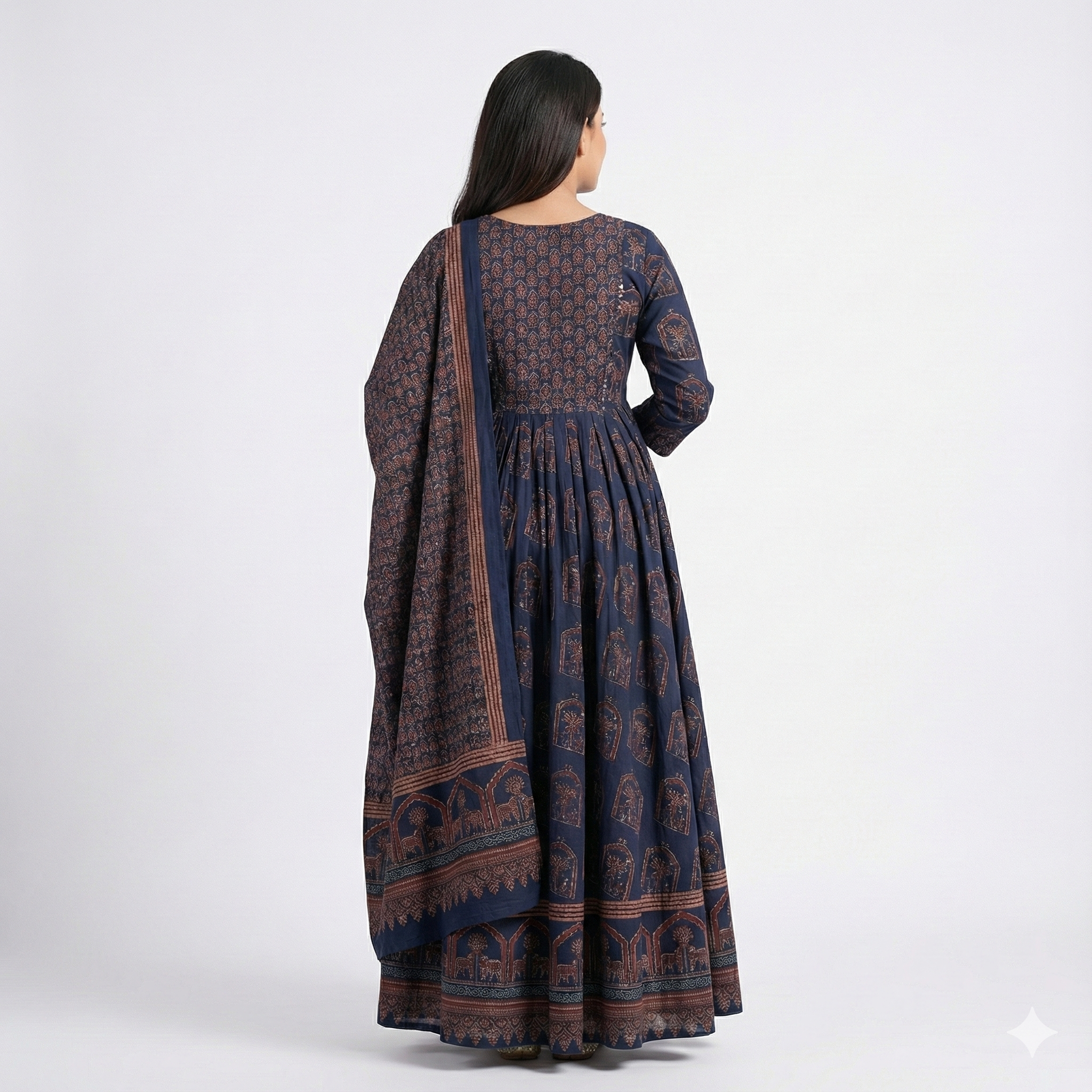 Navy Blue Printed Anarkali-Style 3 Piece Suit Set for Women | Kurta Pant Dupatta | Ethnic & Festive Wear