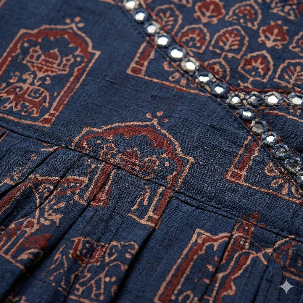 Navy Blue Printed Anarkali-Style 3 Piece Suit Set for Women | Kurta Pant Dupatta | Ethnic & Festive Wear