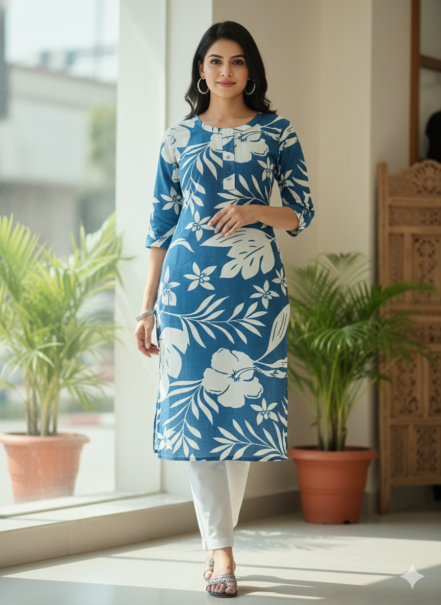 Navy Blue Floral Printed Rayon Kurti for Women | 3/4 Sleeve Straight Fit Ethnic Wear