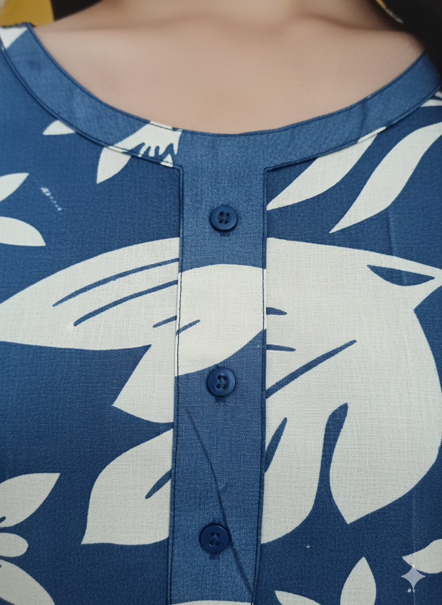 Navy Blue Floral Printed Rayon Kurti for Women | 3/4 Sleeve Straight Fit Ethnic Wear