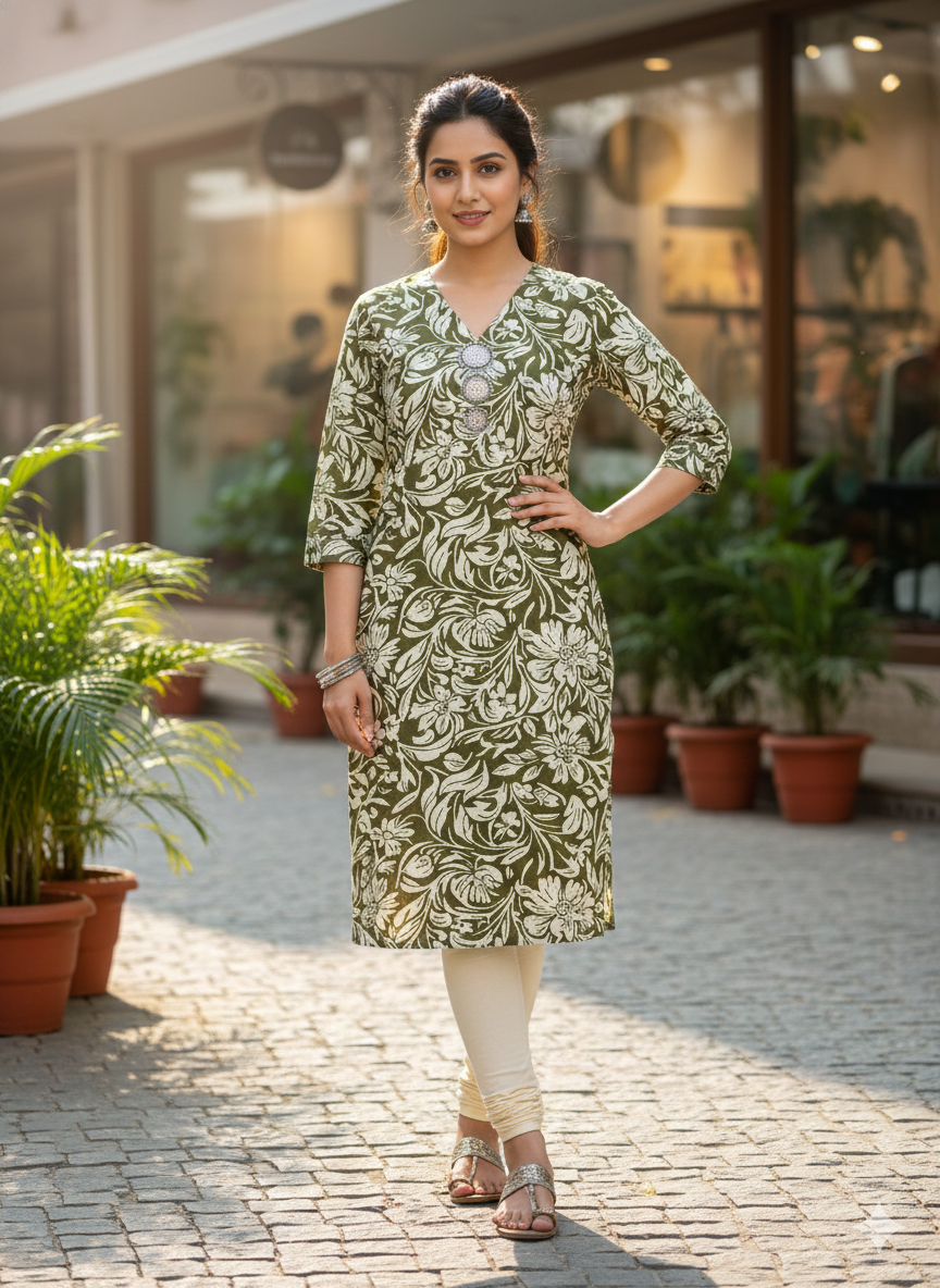 Olive Green Floral Printed Cotton Kurti with V-Neck & Decorative Buttons – 3/4 Sleeve Straight Fit
