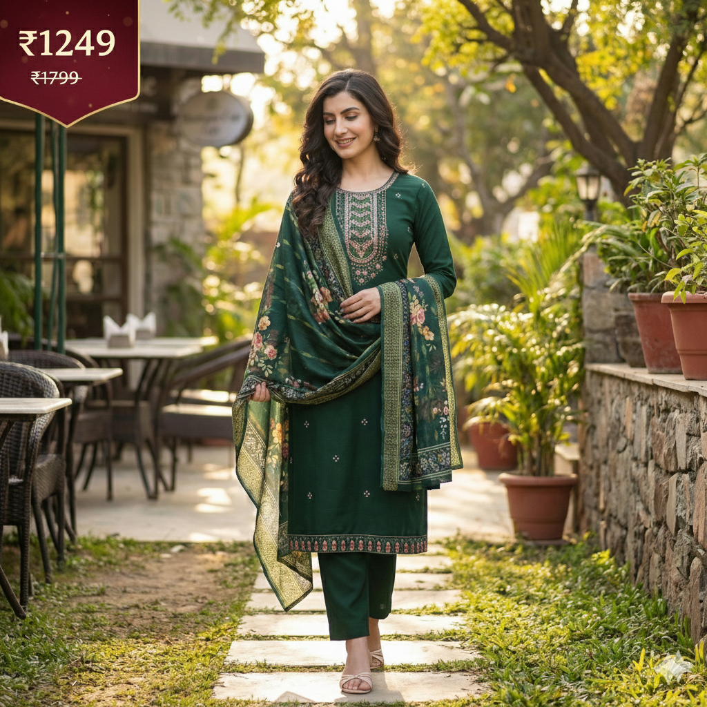 Elegant Olive Green Embroidered 3-Piece Suit Set for Women – Kurta, Pant & Floral Printed Dupatta