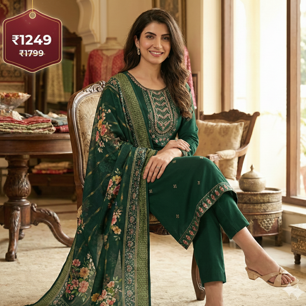 Elegant Olive Green Embroidered 3-Piece Suit Set for Women – Kurta, Pant & Floral Printed Dupatta