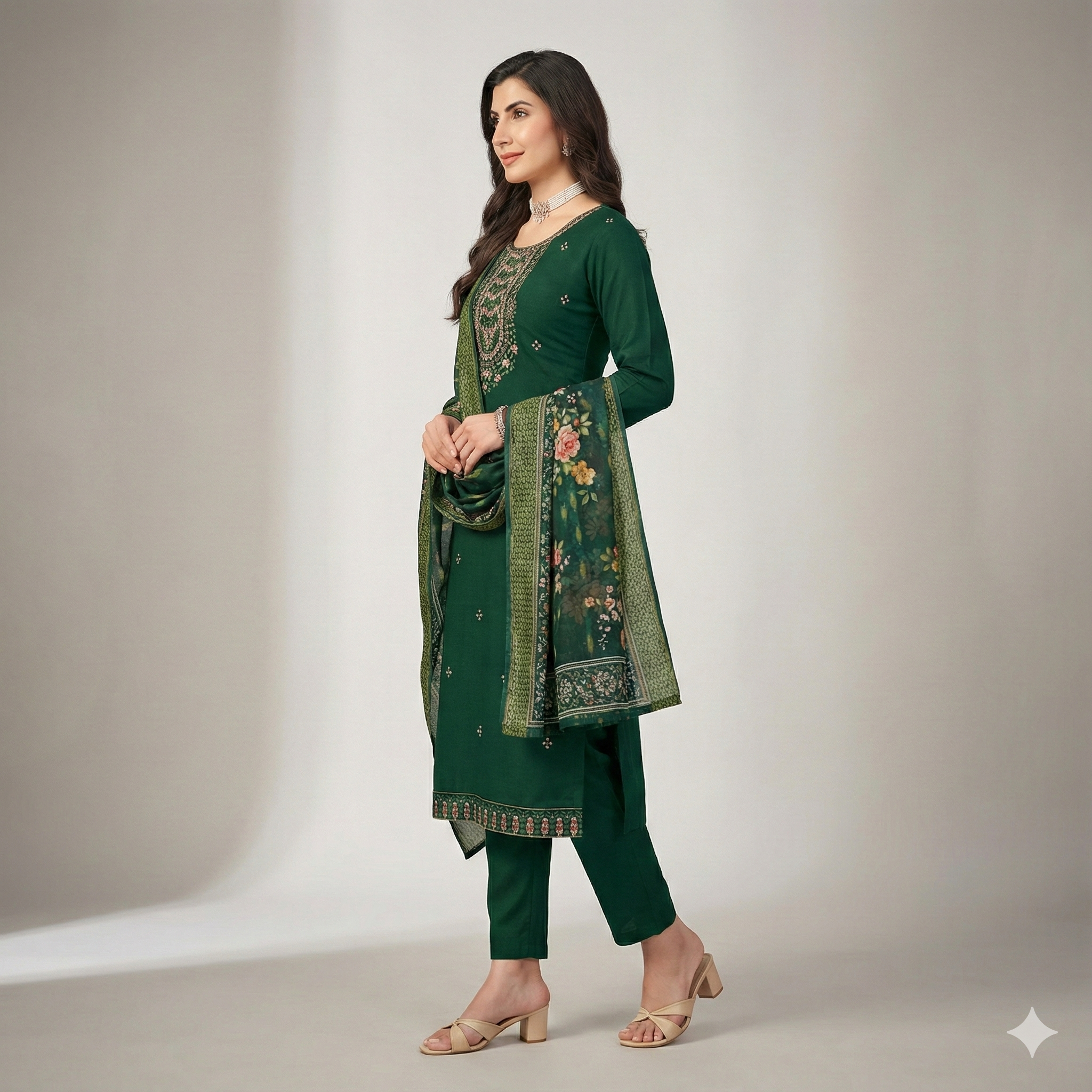 Elegant Olive Green Embroidered 3-Piece Suit Set for Women – Kurta, Pant & Floral Printed Dupatta