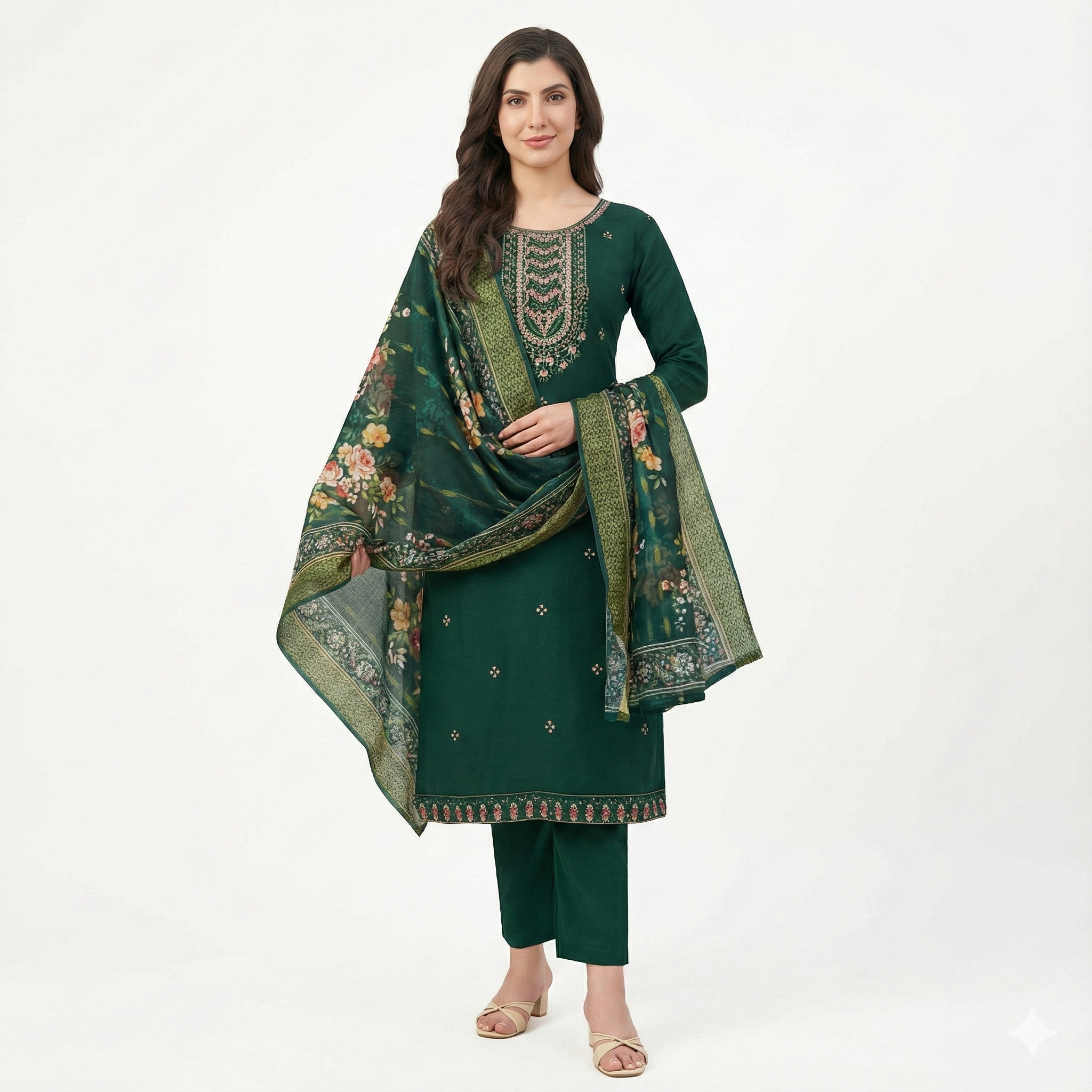 Elegant Olive Green Embroidered 3-Piece Suit Set for Women – Kurta, Pant & Floral Printed Dupatta