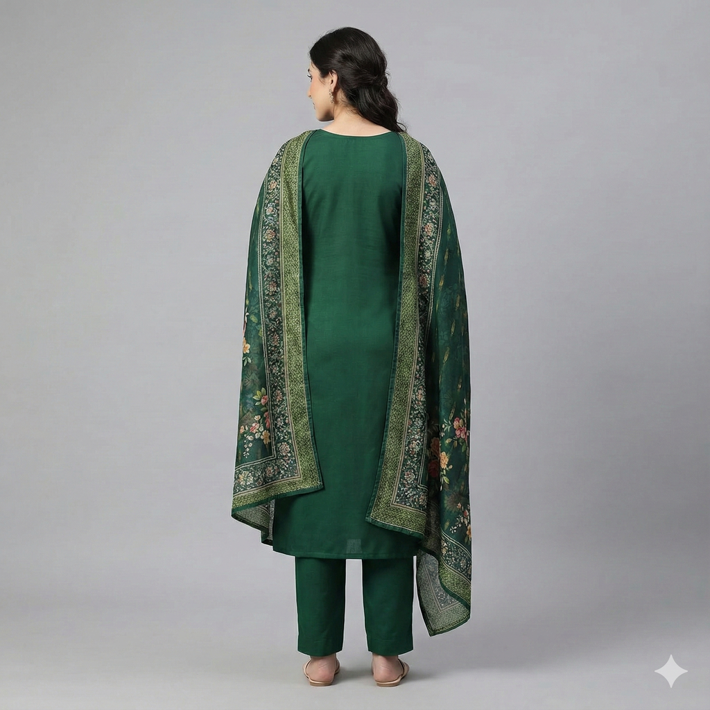 Elegant Olive Green Embroidered 3-Piece Suit Set for Women – Kurta, Pant & Floral Printed Dupatta
