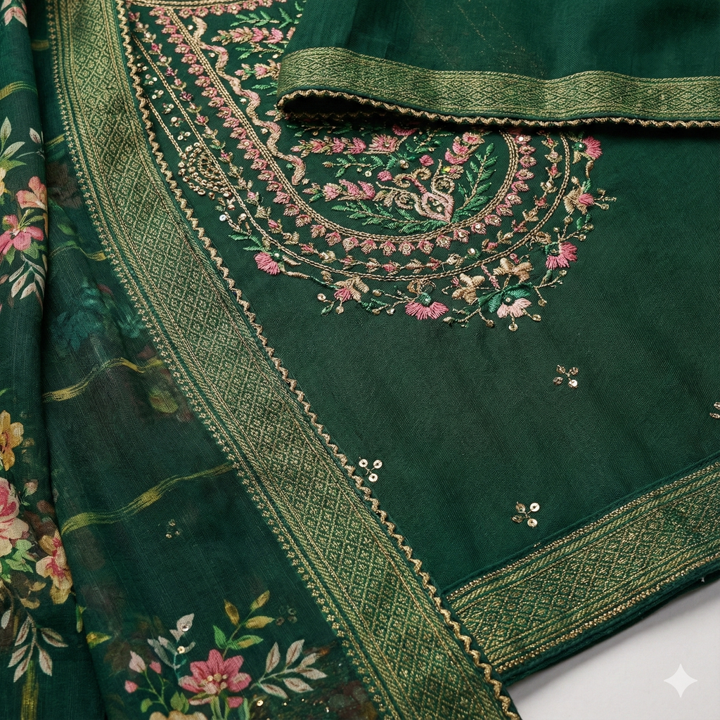 Elegant Olive Green Embroidered 3-Piece Suit Set for Women – Kurta, Pant & Floral Printed Dupatta