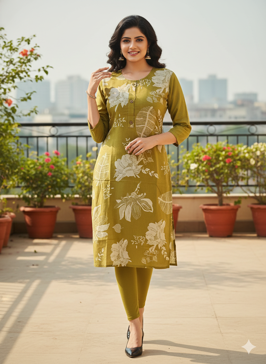 Olive Green Sleeveless Cotton Kurti for Women | Floral Print Straight Fit Summer Kurti
