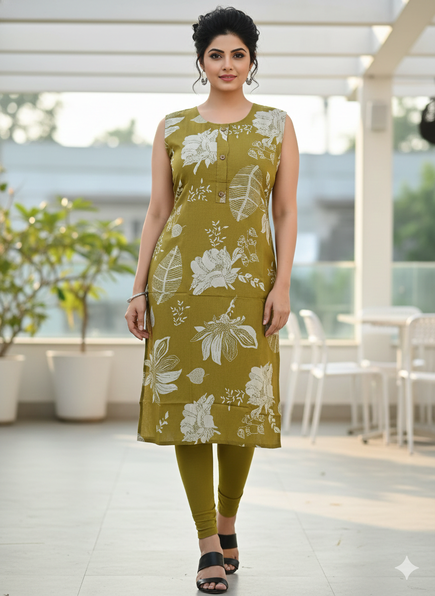 Olive Green Sleeveless Cotton Kurti for Women | Floral Print Straight Fit Summer Kurti