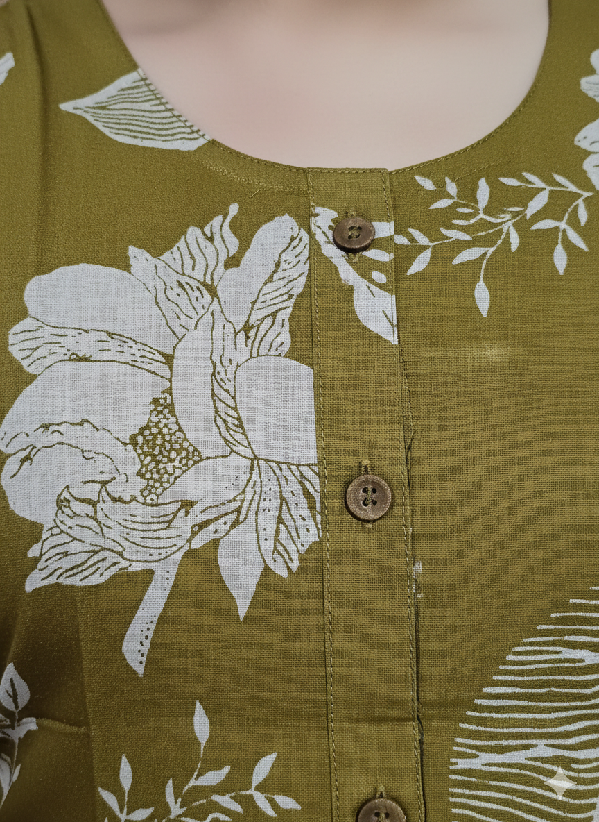 Olive Green Sleeveless Cotton Kurti for Women | Floral Print Straight Fit Summer Kurti