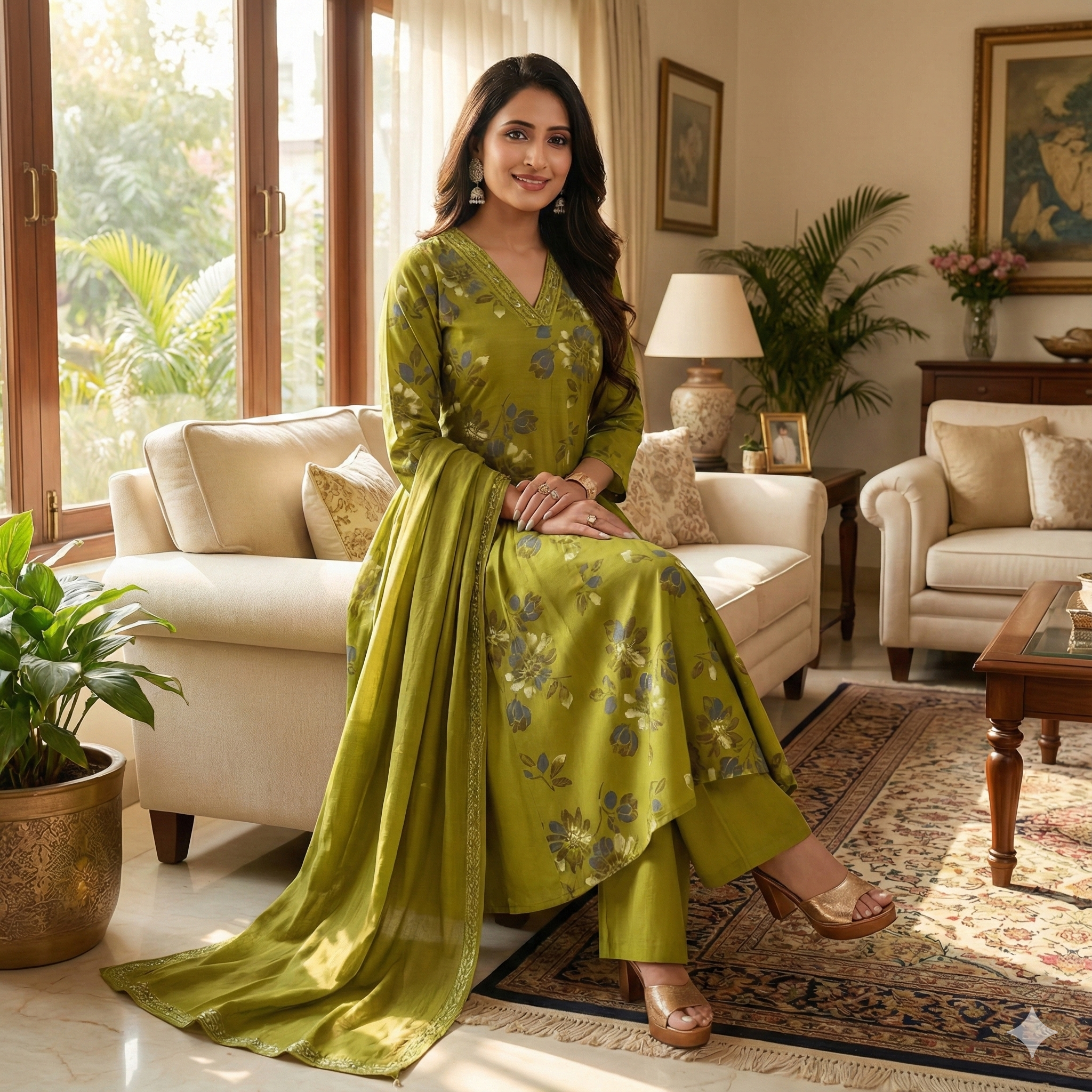 Olive Green Floral Printed 3-Piece Suit Set for Women – Kurta, Pants & Dupatta | Festive & Ethnic Wear