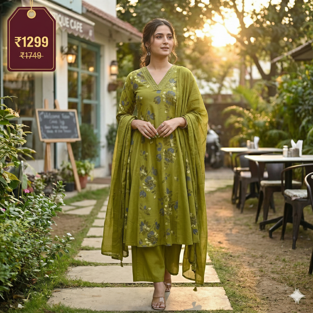 Olive Green Floral Printed 3-Piece Suit Set for Women – Kurta, Pants & Dupatta | Festive & Ethnic Wear