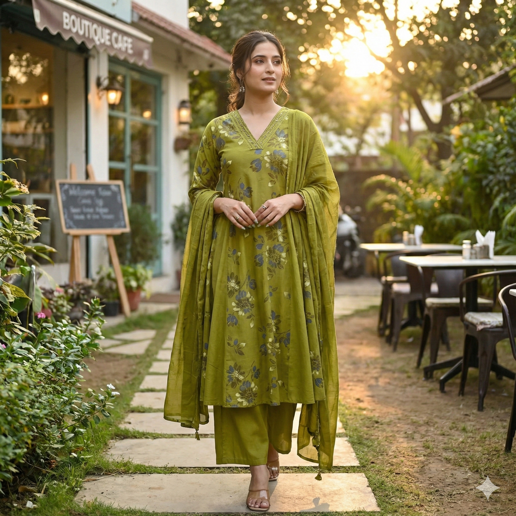 Olive Green Floral Printed 3-Piece Suit Set for Women – Kurta, Pants & Dupatta | Festive & Ethnic Wear