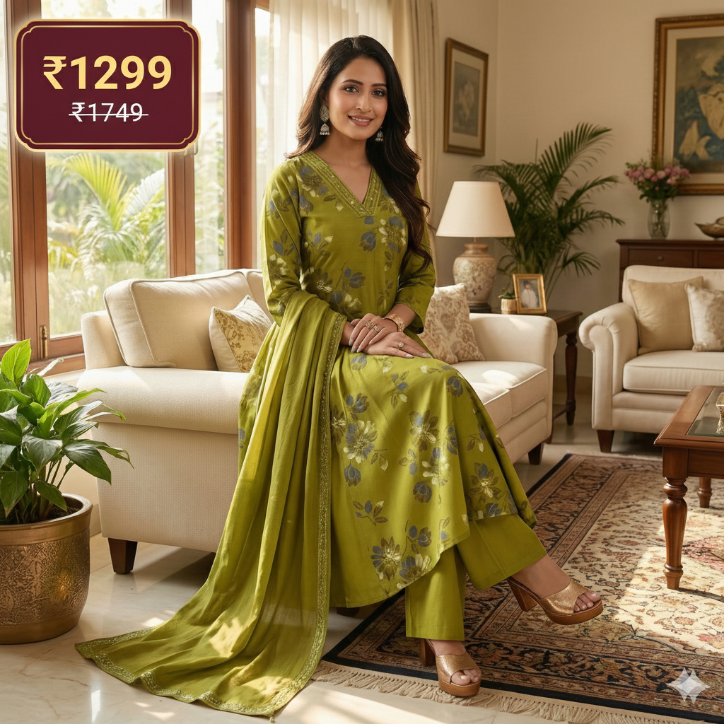 Olive Green Floral Printed 3-Piece Suit Set for Women – Kurta, Pants & Dupatta | Festive & Ethnic Wear