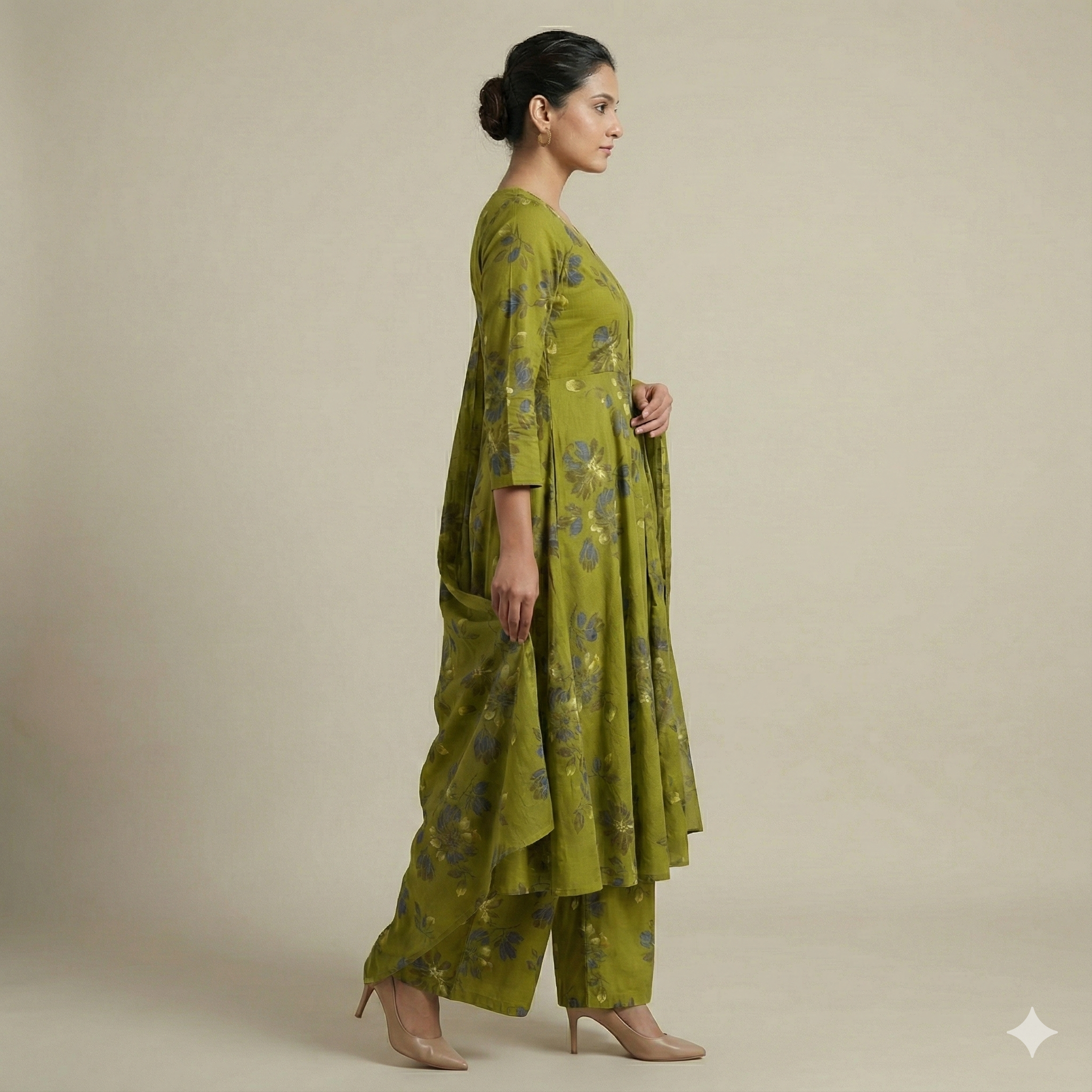 Olive Green Floral Printed 3-Piece Suit Set for Women – Kurta, Pants & Dupatta | Festive & Ethnic Wear