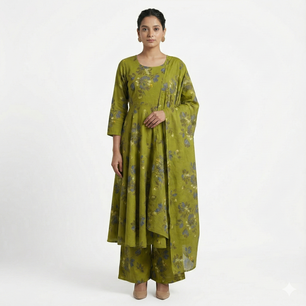 Olive Green Floral Printed 3-Piece Suit Set for Women – Kurta, Pants & Dupatta | Festive & Ethnic Wear