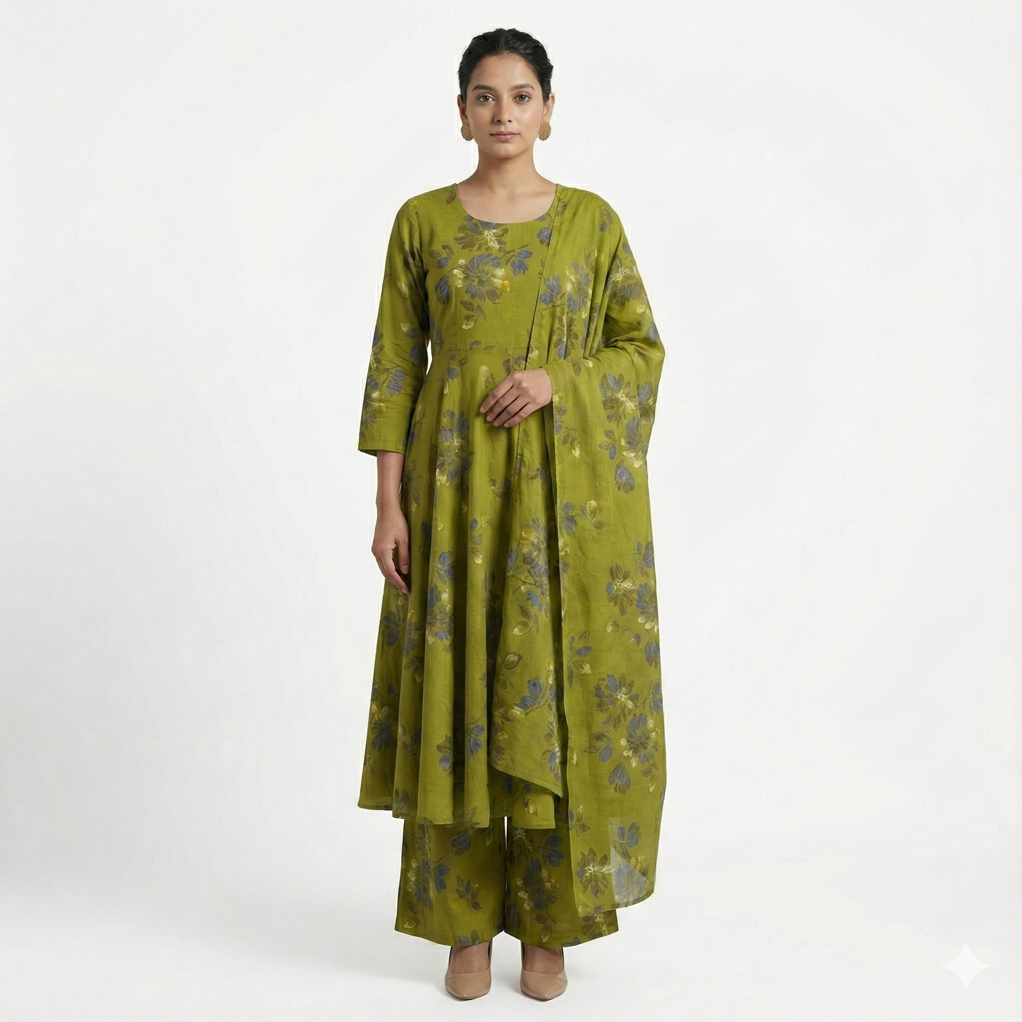 Olive Green Floral Printed 3-Piece Suit Set for Women – Kurta, Pants & Dupatta | Festive & Ethnic Wear