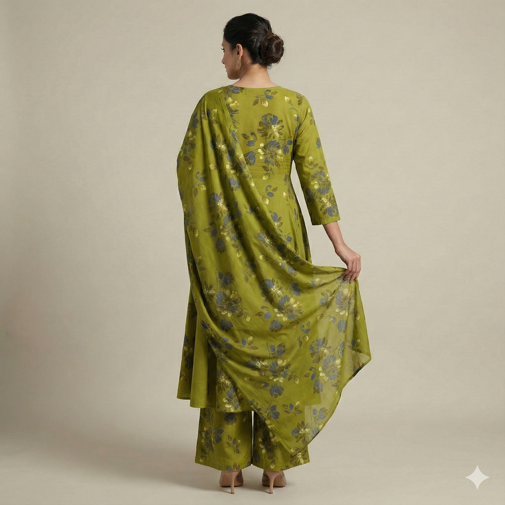 Olive Green Floral Printed 3-Piece Suit Set for Women – Kurta, Pants & Dupatta | Festive & Ethnic Wear