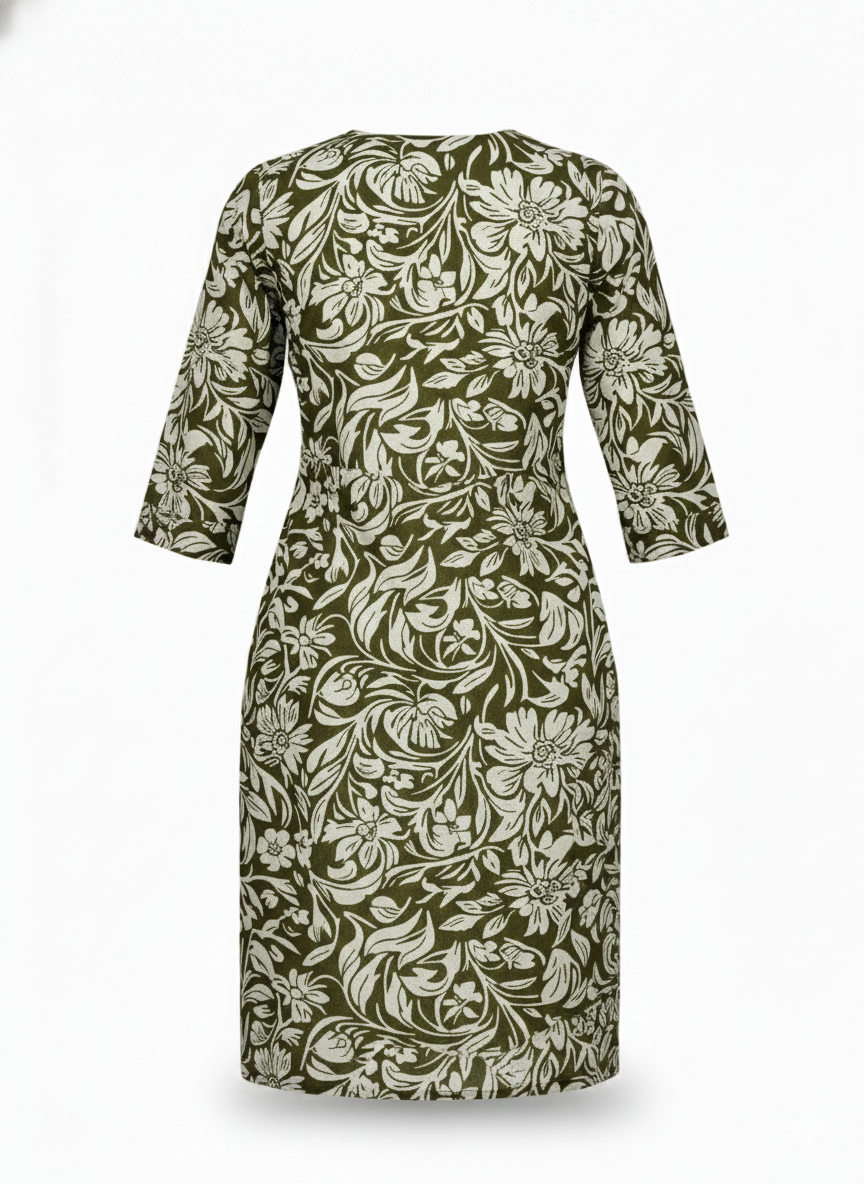 Olive Green Floral Printed Cotton Kurti with V-Neck & Decorative Buttons – 3/4 Sleeve Straight Fit