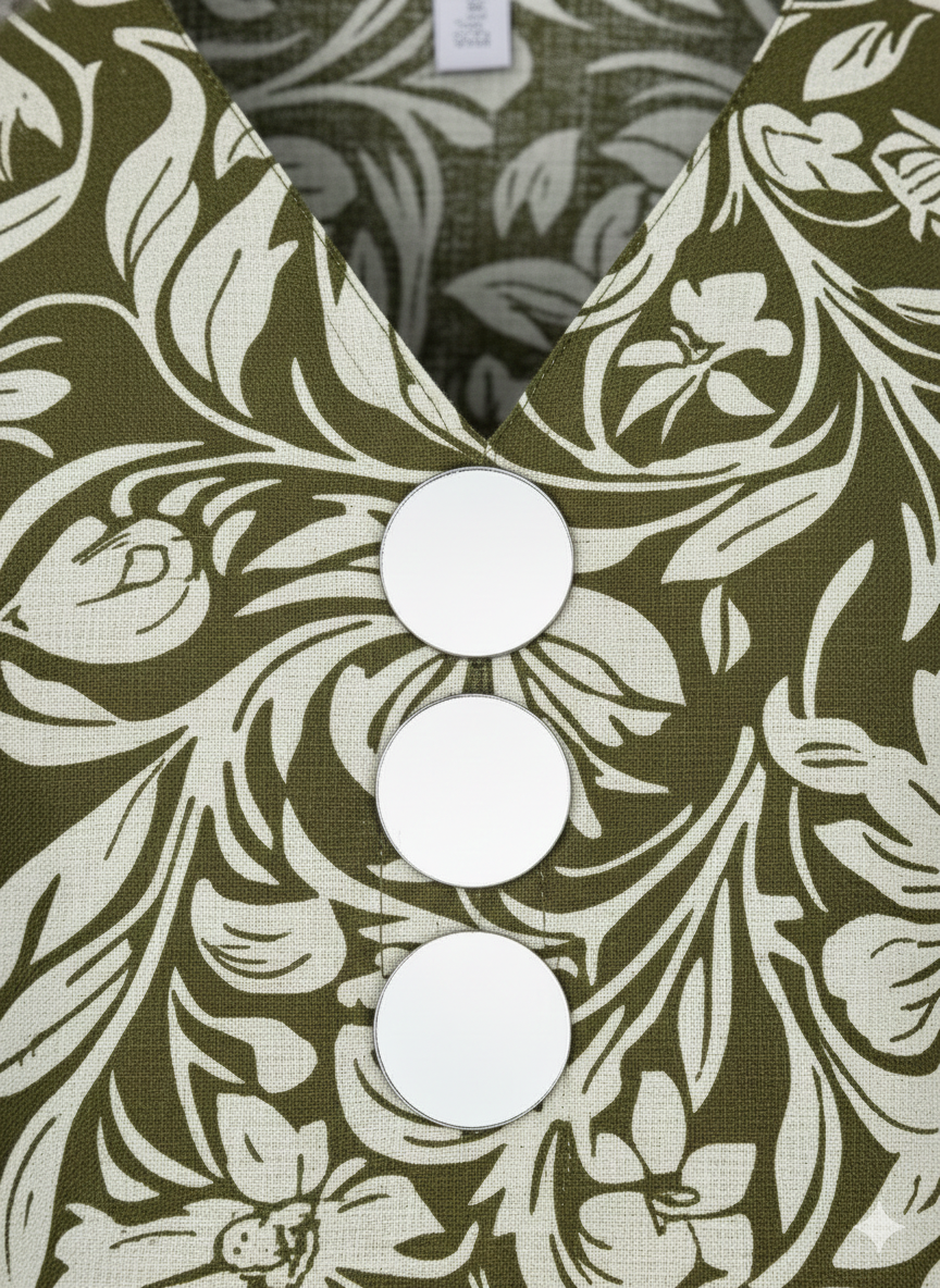 Olive Green Floral Printed Cotton Kurti with V-Neck & Decorative Buttons – 3/4 Sleeve Straight Fit