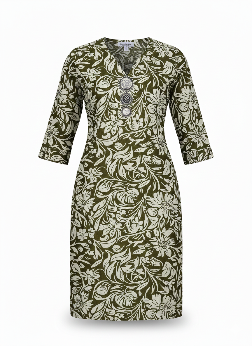 Olive Green Floral Printed Cotton Kurti with V-Neck & Decorative Buttons – 3/4 Sleeve Straight Fit