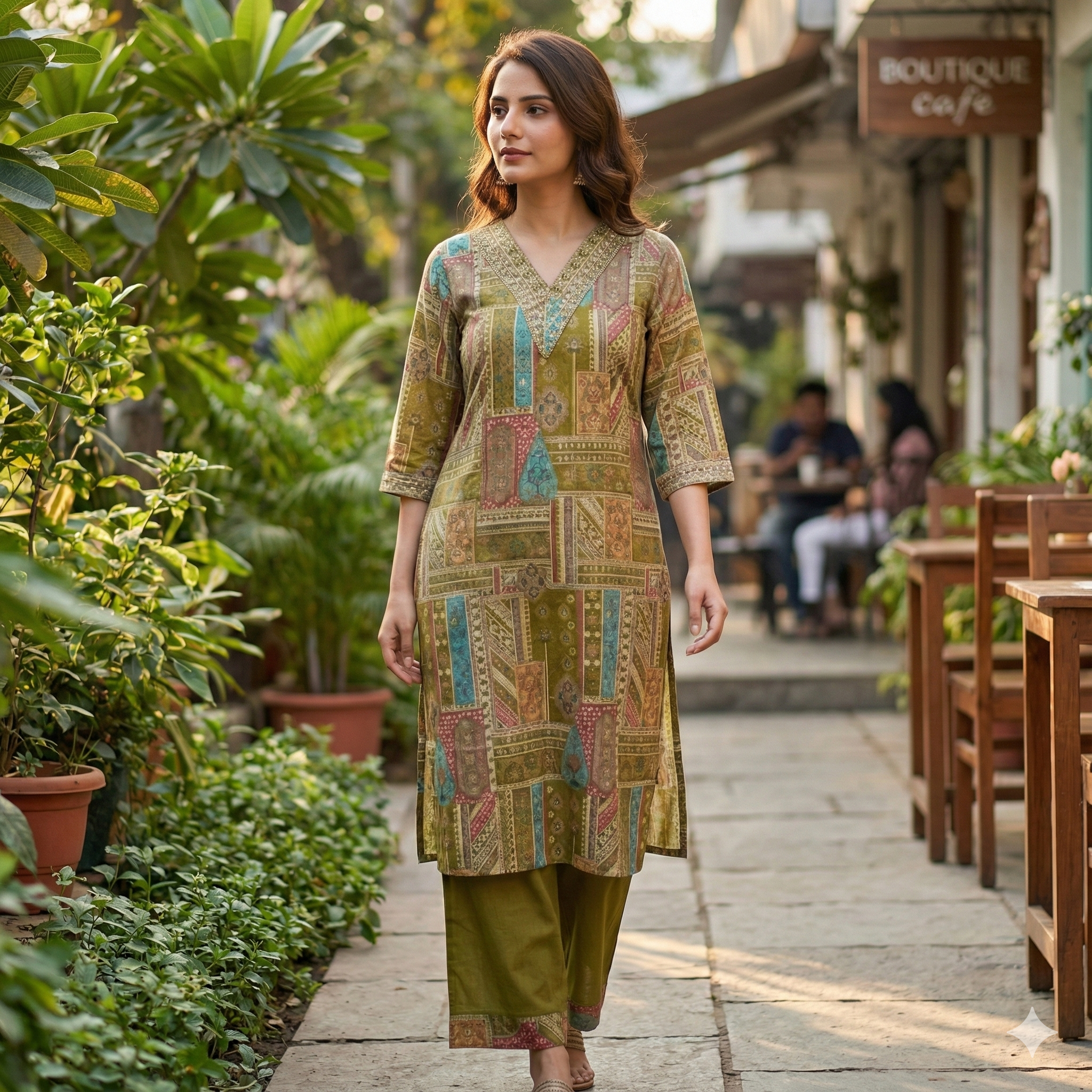 Olive Green Printed Cotton Kurta Pant Set for Women – Soft Daily Wear 2-Piece Ethnic Outfit