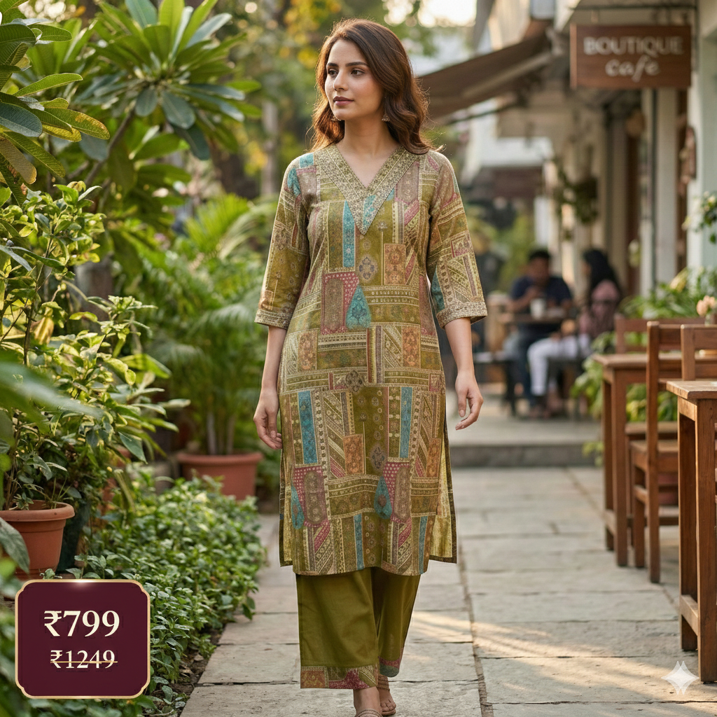 Olive Green Printed Cotton Kurta Pant Set for Women – Soft Daily Wear 2-Piece Ethnic Outfit
