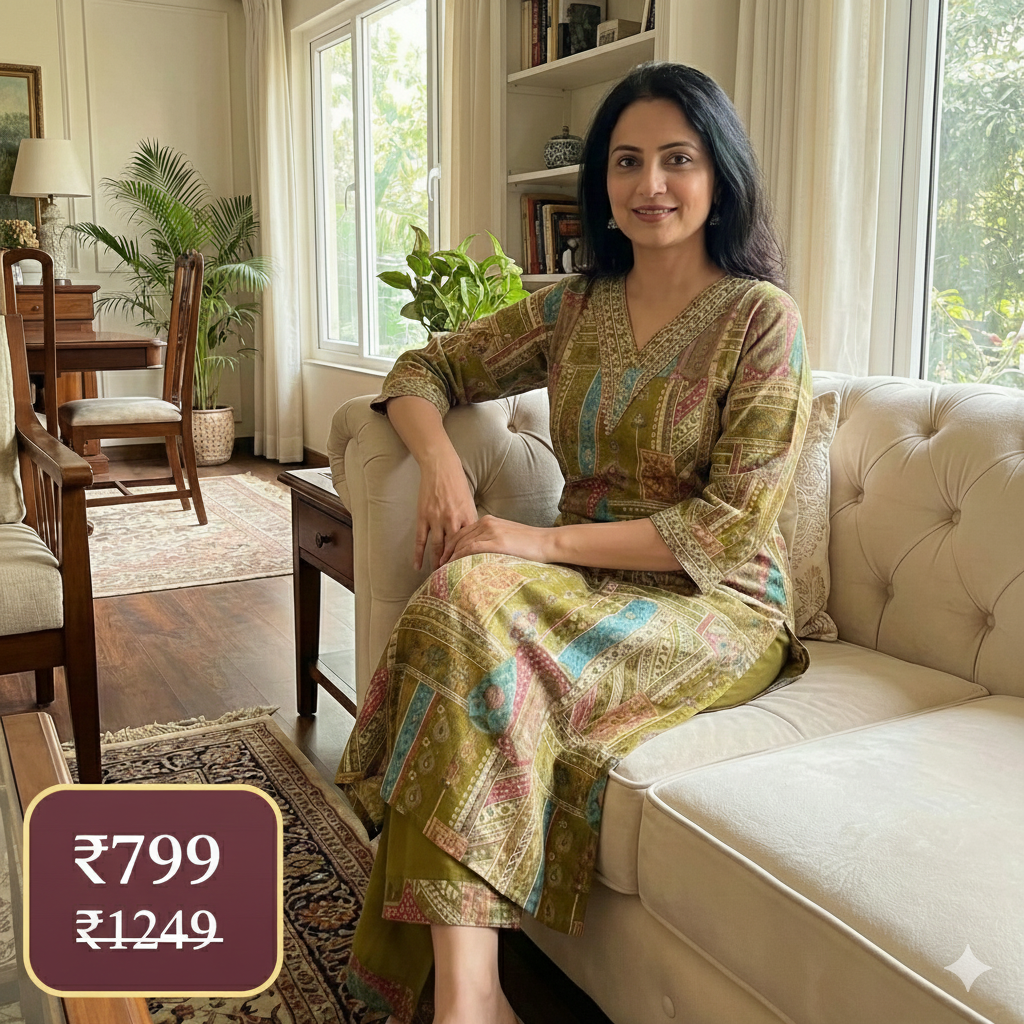 Olive Green Printed Cotton Kurta Pant Set for Women – Soft Daily Wear 2-Piece Ethnic Outfit