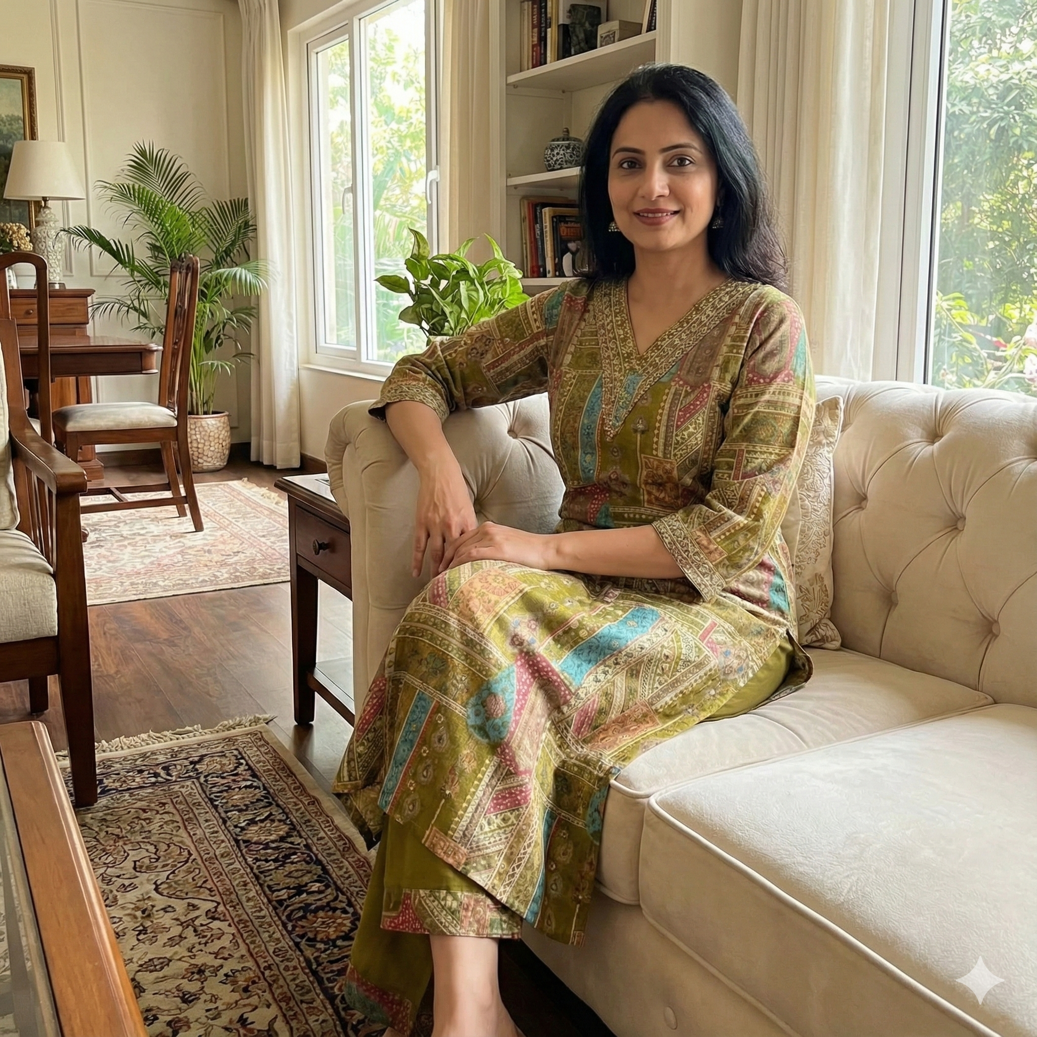 Olive Green Printed Cotton Kurta Pant Set for Women – Soft Daily Wear 2-Piece Ethnic Outfit