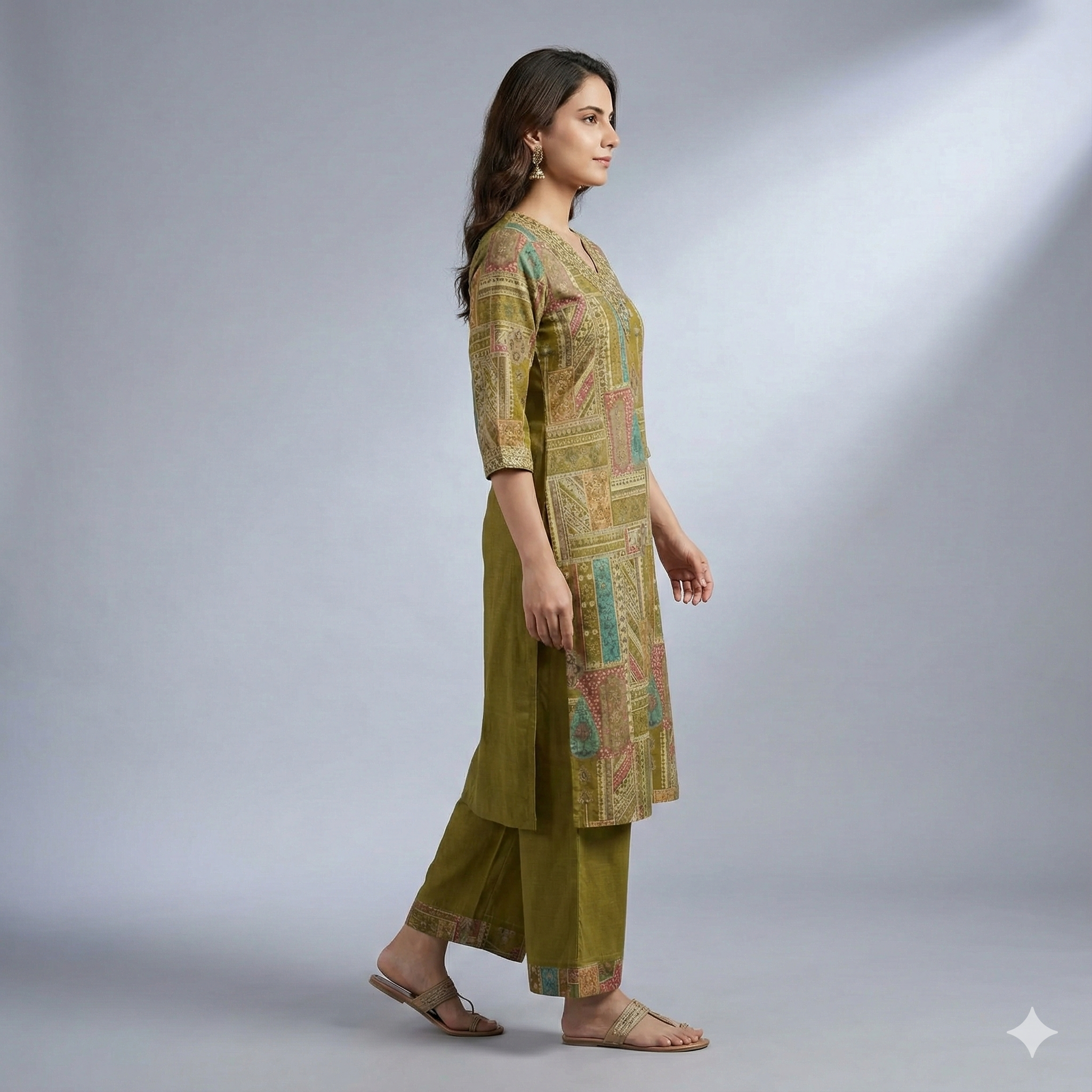 Olive Green Printed Cotton Kurta Pant Set for Women – Soft Daily Wear 2-Piece Ethnic Outfit