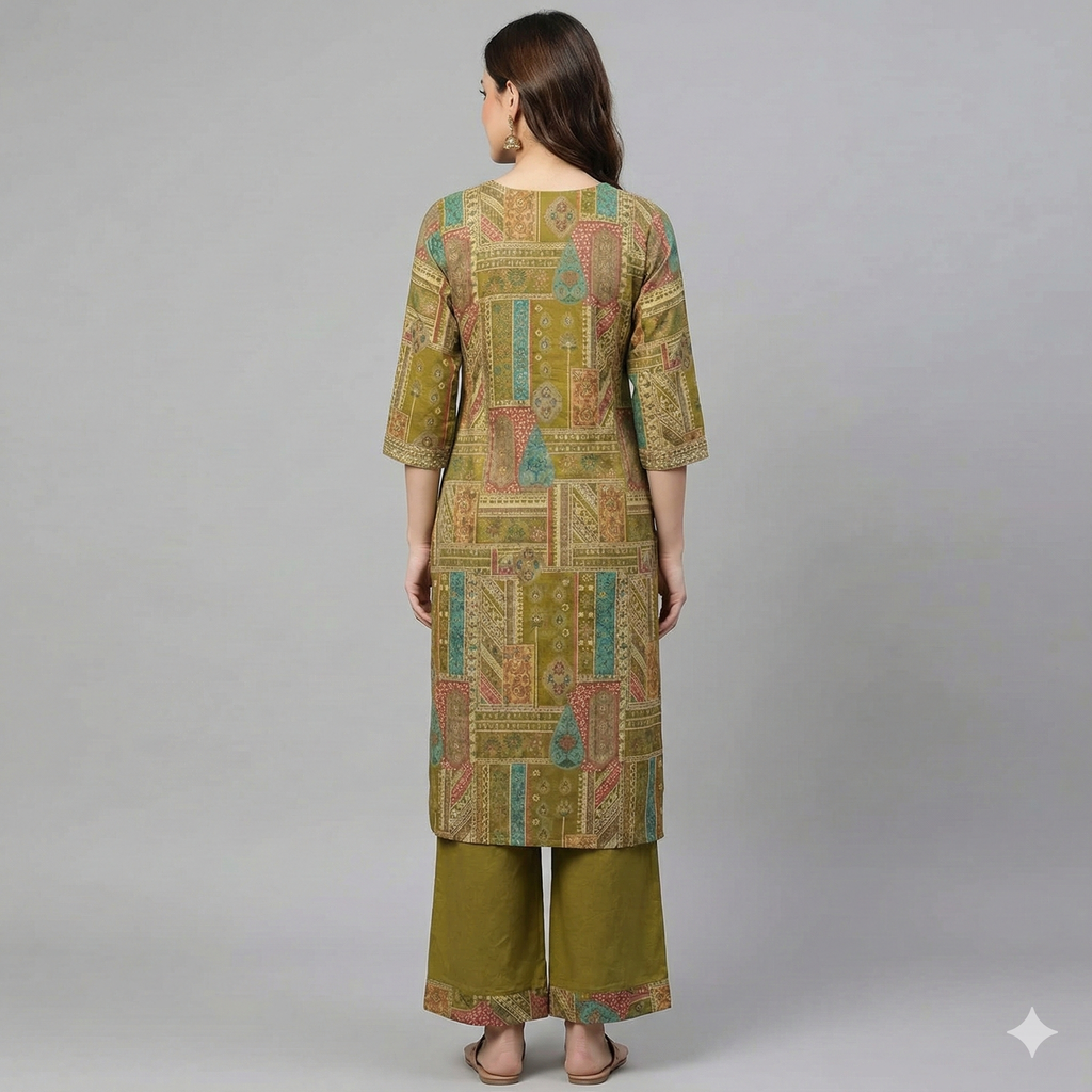 Olive Green Printed Cotton Kurta Pant Set for Women – Soft Daily Wear 2-Piece Ethnic Outfit