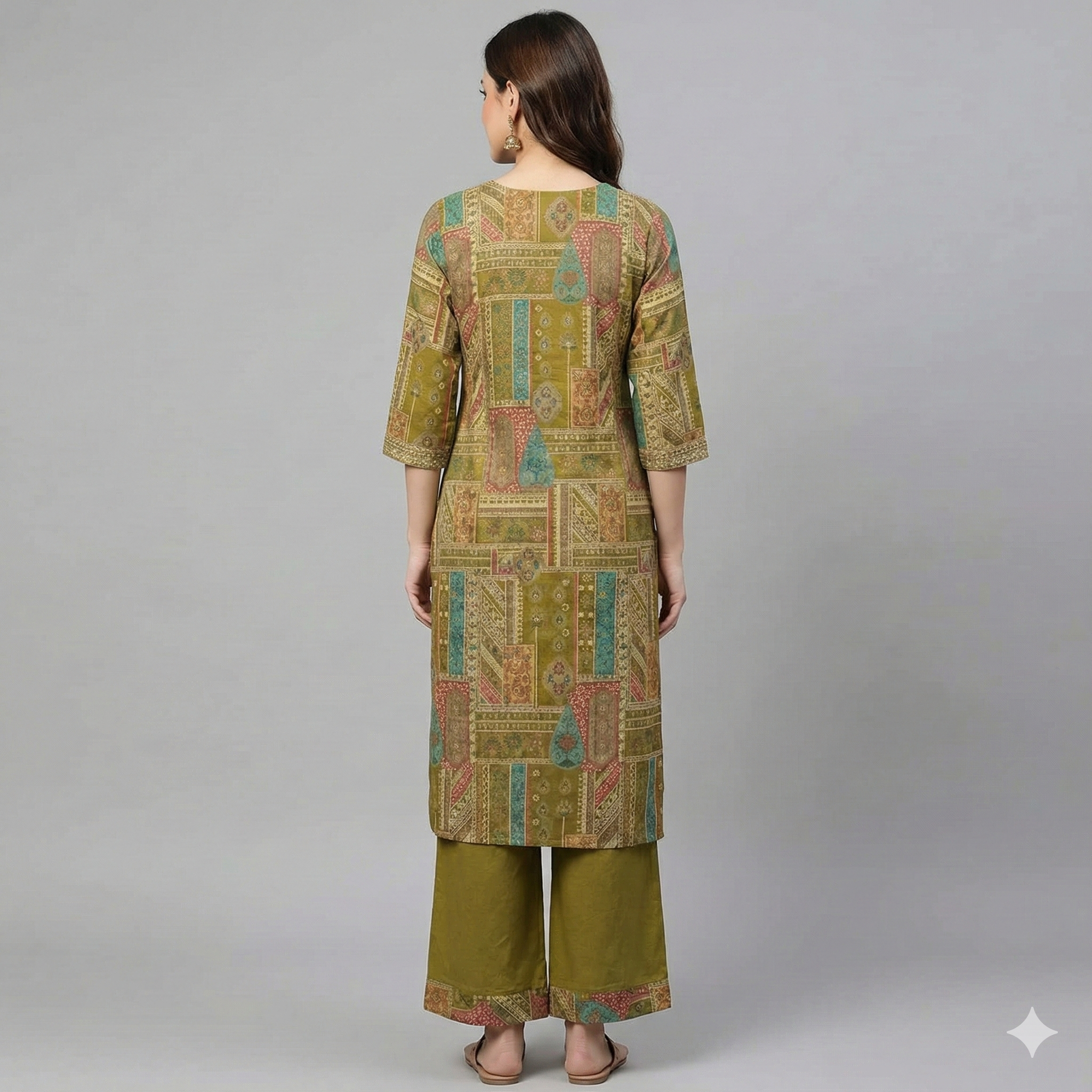 Olive Green Printed Cotton Kurta Pant Set for Women – Soft Daily Wear 2-Piece Ethnic Outfit