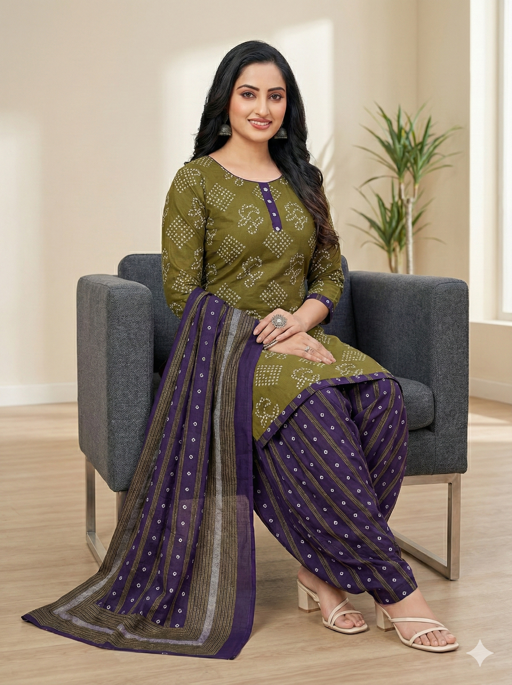 Pranjul 3 Piece Cotton Suit – Olive Green Printed Kurti with Purple Patiala & Matching Dupatta | Women’s Ethnic Wear Set