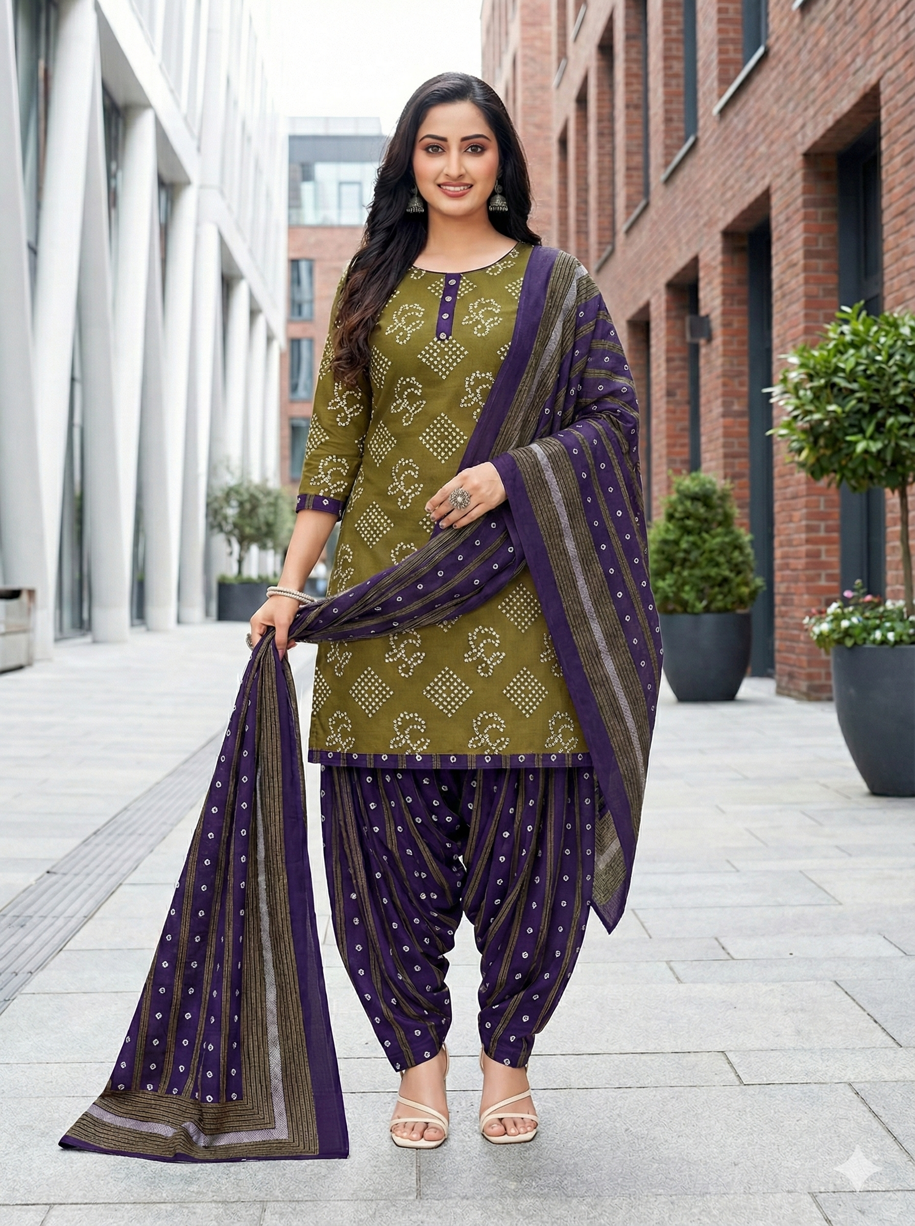 Olive Green & Purple Printed Patiala 3-Piece Suit Set for Women – 5XL Kurta, Patiala Pant & Dupatta