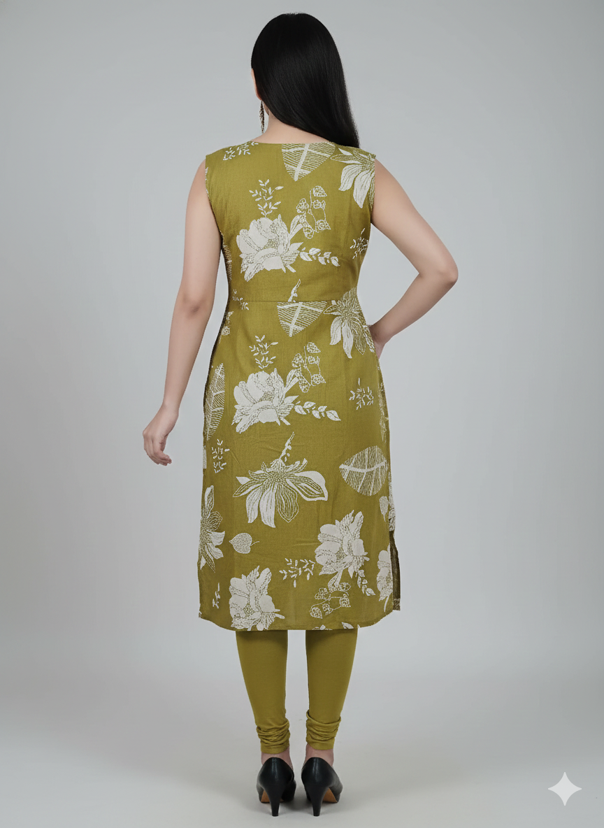 Olive Green Sleeveless Cotton Kurti for Women | Floral Print Straight Fit Summer Kurti