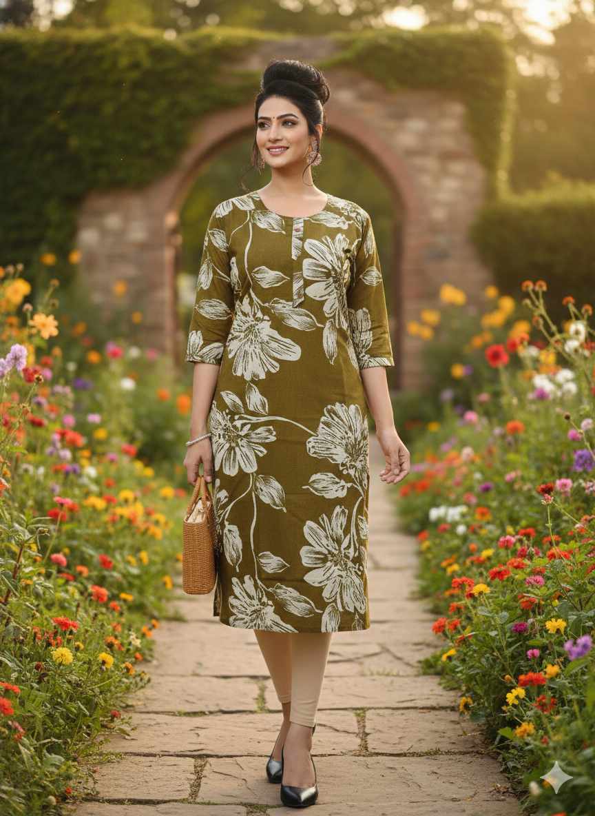 Sleeveless Olive Green Cotton Kurti with White Floral Print | Summer Everyday Wear