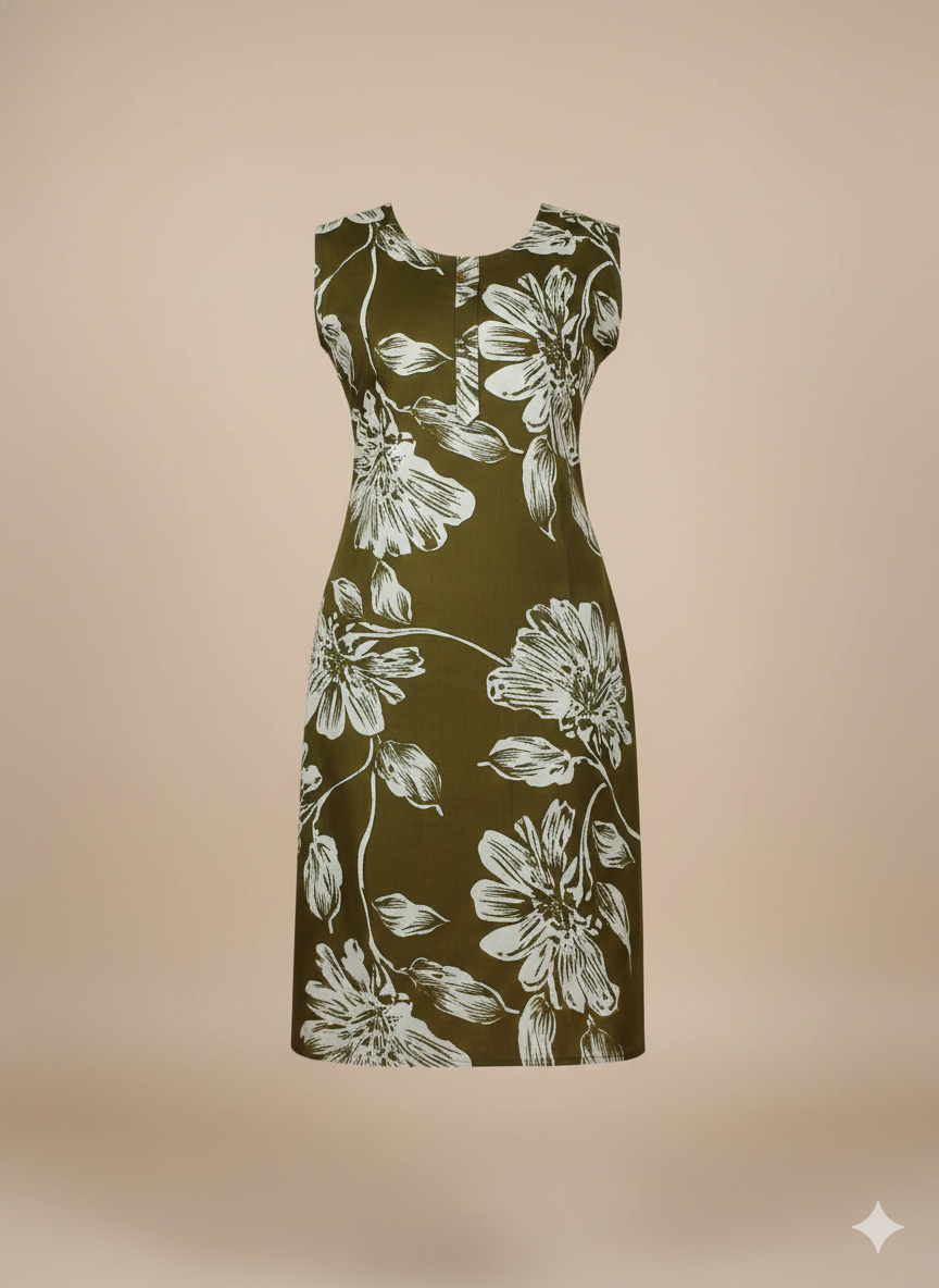 Sleeveless Olive Green Cotton Kurti with White Floral Print | Summer Everyday Wear