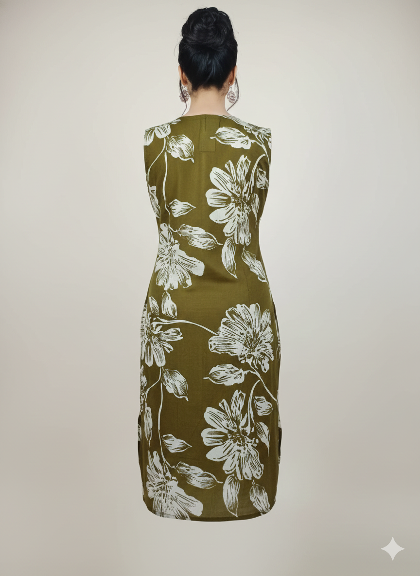 Sleeveless Olive Green Cotton Kurti with White Floral Print | Summer Everyday Wear